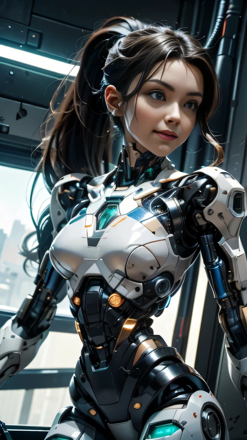 ((Highest quality)), ((masterpiece)), 8K quality, (detailed), High Resolution Skins:1.3, Realistic skin texture, full body, slim figure, (smile), close mouth, Natural Makeup, fluffy long hair, Messy Hair, (Looking at Viewer), ((Photograph the upper body from the thighs up)), sharp focus, Bust B cup, Beautiful eyes in every detail, realistic eyes and face details, depth of field, View from the front, (((black semi-long hair, Ponytail))), (beautiful eyes with attention to detail , Beautiful eyelashes, Emerald Eyes ), (A woman in a white robot suit poses in a spaceship with big window), (the Moon is visible from the spaceship window), Hair blowing in the wind, (The robot suit has LED indicators and meters), the mechanical parts and big robot are visible, woman has cybernetic enhancements, glowing neon lines, neon lights, Advanced technology, High-tech products, Beautiful half-Caucasian cyborg girl, cute Cyborg Girl, Beautiful Cyborg Girl, Perfect Robot Girl, Cyborg Girl, Young cyborg woman, beautiful Female Robot, Beautiful robot woman, Cyborg Girl, Perfect cyborg woman, Porcelain Cyborg, Female Robot, Beautiful Cyborg Images, (full body Mecha cyber armor), A female android combatant from the future, dramatic lighting, Color holographic projection, Reflective surface, ((Shooting at a low angle)),(Delicate light and shadow,The picture is highly dramatic,Cinematic lens effect),Exceptional detail,The lighting effect is outstanding,(Excellent rendering),