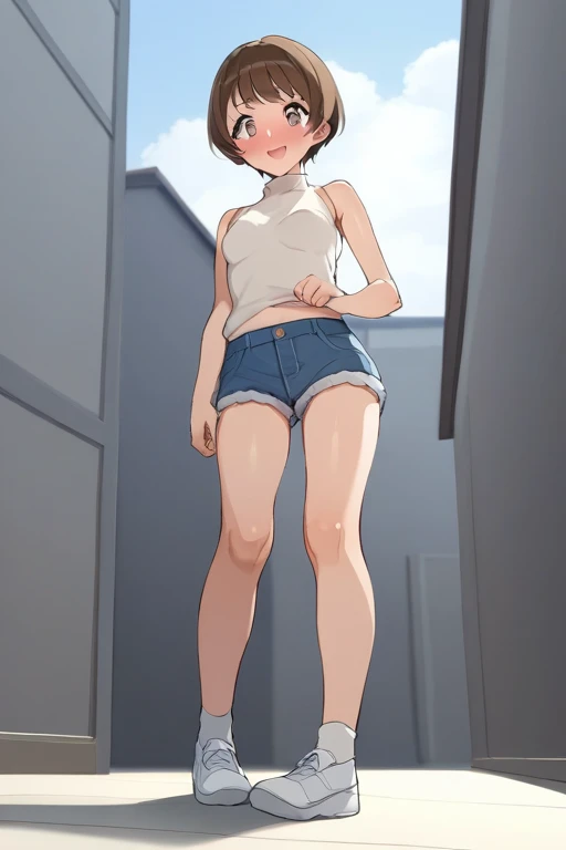 beautiful girl, slender, boyish, very short hair, brown hair, (wear a white long-sleeved T-shirt), (white bikini panties) , Perfect hands, Perfect body, leaning back, (bare foot), ((looking away)), relaxing, ((Exquisite detail)), Very finely crafted fingers(((10 fingers))), (Full-body showcase), (Show your whole body), (No logos on background), (No logo), (taken from below),