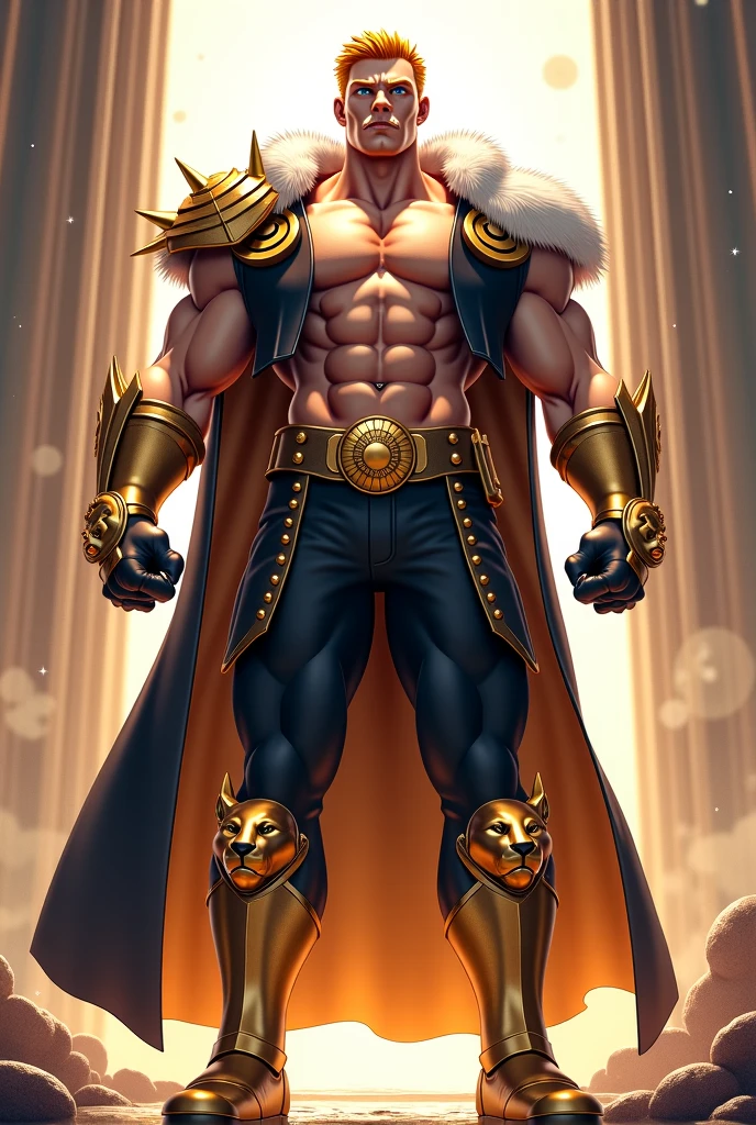 Space, strong man, muscular, short beard, tattoo, thick hair, leather sexy double panties, full body view, flying in the sky in a rainbow cape, leg length, metal boots, metal head, metal necklace, energy bracelet, thick chest hair, superlative, right-handed energy gun --auto --s2