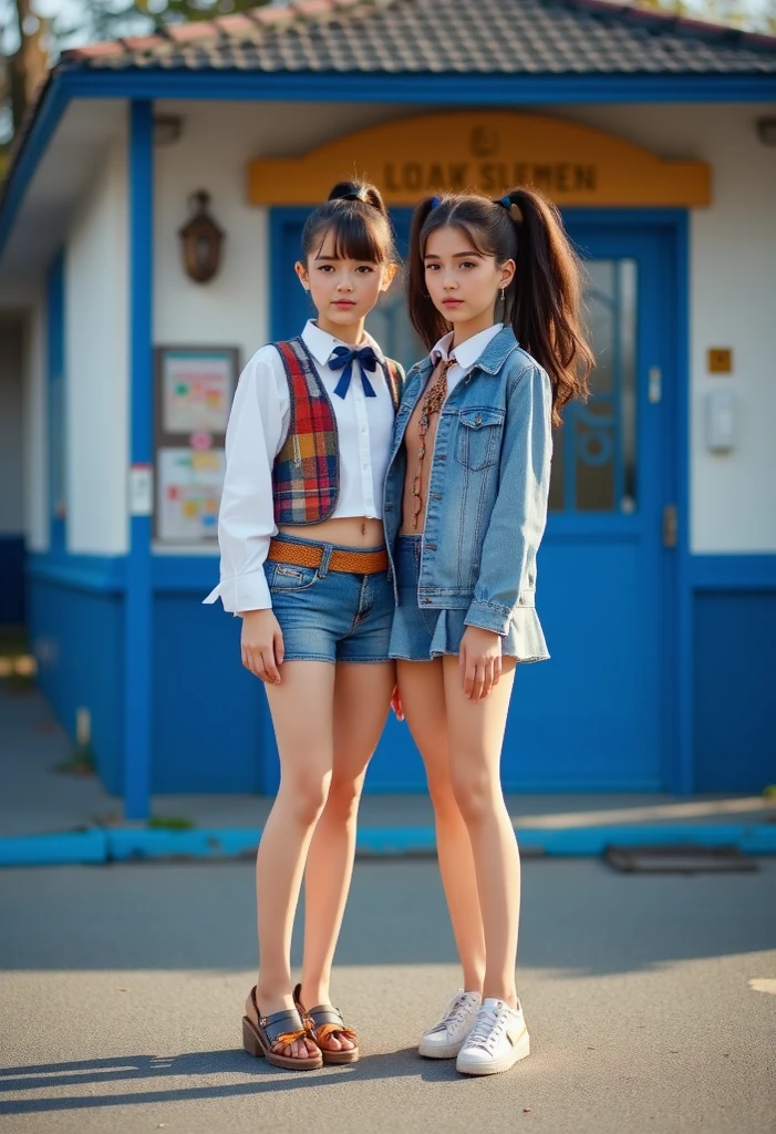 A 15 year old girl,
Pale skin and pink lips,
blue eyes,
a sweet smile,
short brown hair,
with a bow on her head,
In a blue miniskirt and red shoes