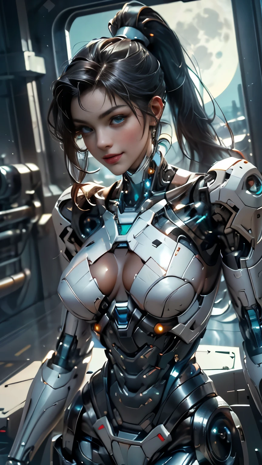 1girl in、独奏、top-quality、Exceptional detail、超A high resolution、(fidelity:1.4)、The best illustrations、favor details、a closeup、​masterpiece、perfect bodies、toned hips、Pretty thin crystal clear acrylic、(FULL BODYSHOT：1.4)、((Blue and white semi-mechanical body: 1.4))、(Colossal tits:1.4)、Strapless、Dear Sir Giant alien spaceship is in the air、cyberpunked、nffsw、(Mechanical body)、(rendered: 1.4)、Virtual Engine 5, Perfect Detail Rendering, Octane Rendering, Ultra HD、Large cleavage、Sukesuke bikini、camel's toe、A sexy、Glamorous、Future、mechanical aesthetics、complex machinery、Mecha girl with a delicate and beautiful face、Buttocks of bare skin、