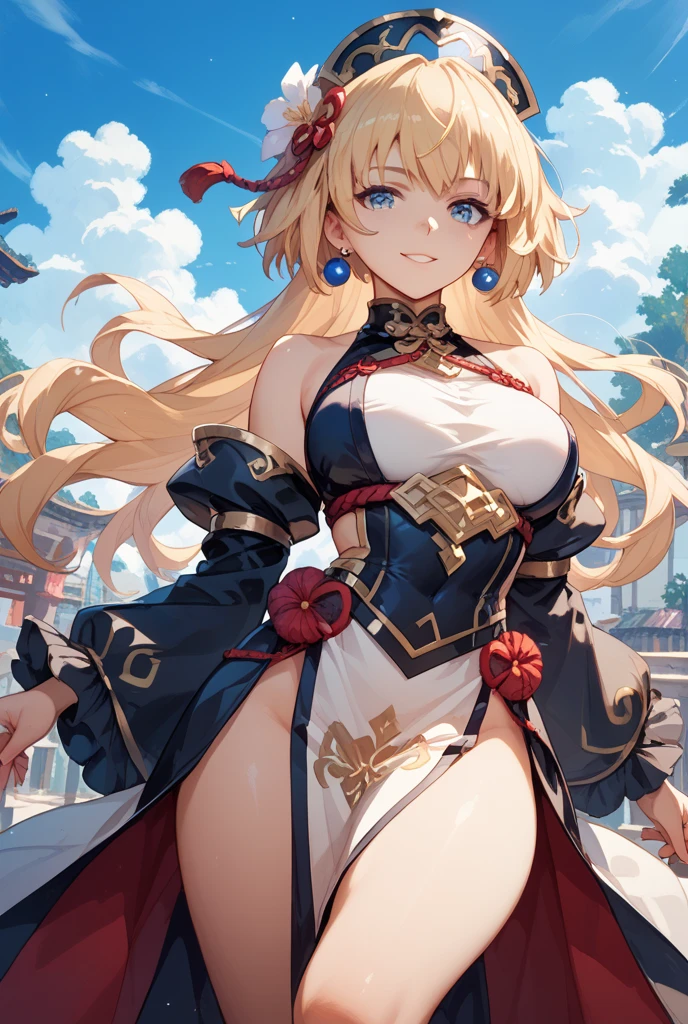top-quality、Top image quality、masterpiece、teens girl((18year old、 Ager、Best Bust、Medium bust,wide open breast tea、Golden Eyes, a blond、poneyTail、A slender,Highest valley、Red kimono、Cute Hair Ornament、The best smile、Frolic)),hiquality、Beautiful Art、Background with((jpn、Blue sky、shrines、torii gate、Bright sun、big crowd)),masutepiece、depth of fields、movie、visualart、Perfect Art、POV POV Perspective