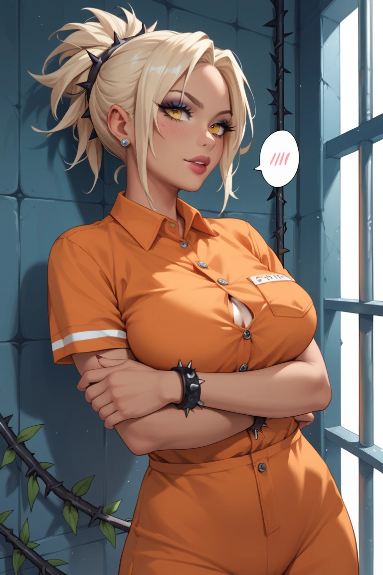 An image of a busty prisoner, blonde bob hair, gorgeous, face scars, wears orange jail outfit, in a penitentiary, standing seductive pose, cleavage:1.2, unbuttoned shirt, (detailed skin complexion:1.2), best quality, deep color, complex shading effect, ambient occlusion, highly detailed textures, bold outline