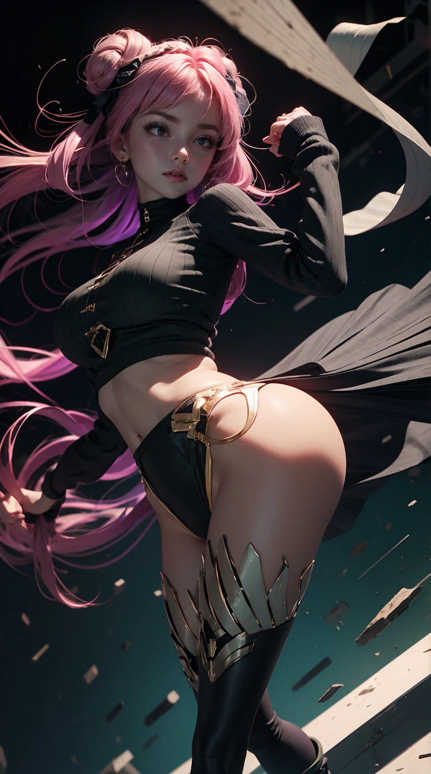 4k, ,Lens flare, pink hair , blush, blushing, 8k, best quality, 1 girl, detailed, Detailed fuchsia hair ++, detailed pink eyes ++, raytracing, perfect shadow, highres, enhanced eyes, huge ass, black horns, plain white background, evil grin, yandere, crouching from behind, massive ass, twin tails, no background, white background, fully clothed