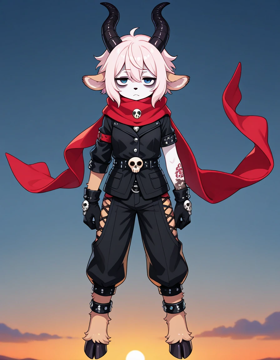 Solo, Furry, satyr monster girl with pale pink skin, brown fur, black hooves and horns, wearing multi-belted pants and gloves, a red scarf arm bands and ankle bands, and a black jacket with a skull button, red jagged tattoo under eyes and on arms and torso , sunset
