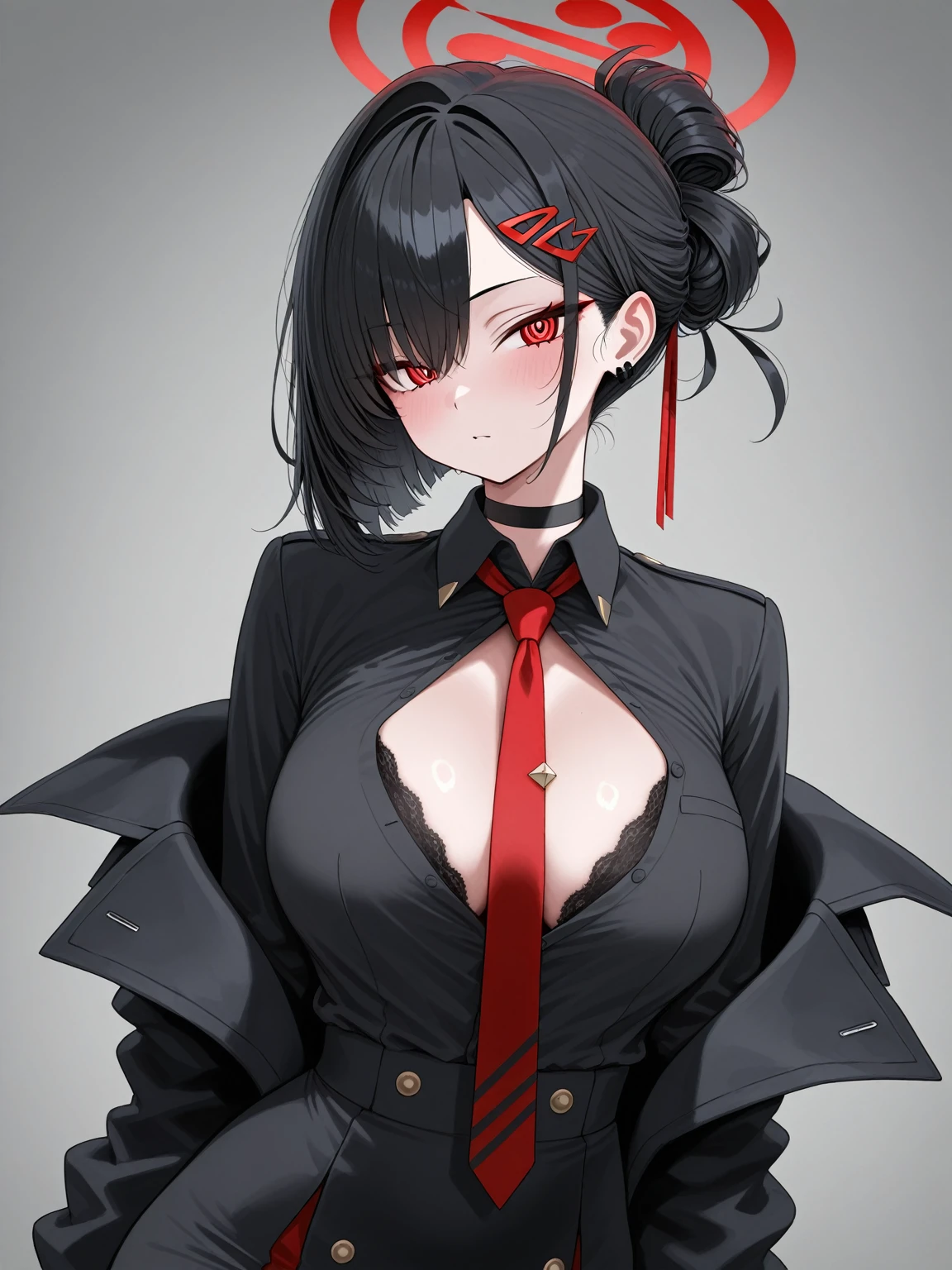 Extremely angry tomboy girl ,super attractive and strong personality black coat outfit and black white hair,red eye athletic body