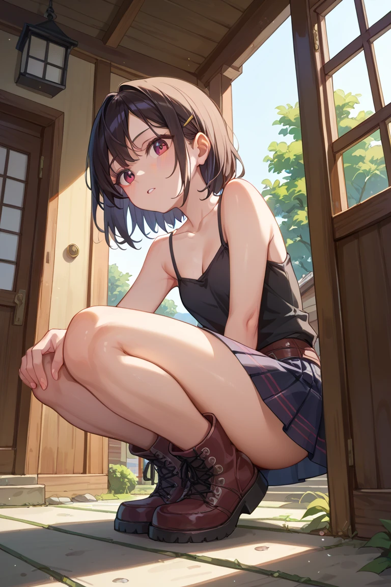 (top-quality、32K image quality、masterpiece、nffsw:1.2)、a cute loli、Medium short hair、short braiding、beauitful face、Ultra-detailed details、(Slouched:1.3)、at the sunset、crouching down、(From above:1.3)、(a closeup:1.4)、small curvy loli、((You can see the chest))、Bust Up Perspective、Loose baggy big shirt、(beautiful nipple slips:0.9)、outside of house、the wind、shinny skin、blurry backround