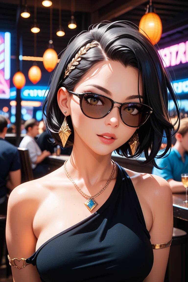 score_9, score_8_up, score_7_up, score_6_up, 1girl, solo, jewelry, rating: safe, brown_eyes, black_hair, lips, makeup, armlet, breasts, egyptian, egyptian_clothes, dark_skin, nose, earrings, gold, lipstick, cleavage, realistic, looking_at_viewer, medium_breasts, piercing, gyaru, blunt_bangs, bangs, bob_cut, long_fangs, (from_above:1.3), downblouse, dark, silk, black_robe, moonlight, temple, night, moon, (naughty_face:1.3), come_hither, seductive_smile