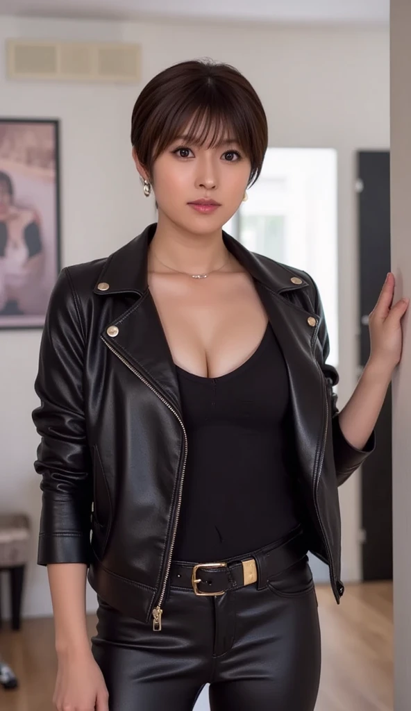 best image quality、超A high resolution、1 girl、beautiful face、short hair、An announcer wearing a leather jacket、Sitting in the studio、Japanese、35 years old、big breasts、natural makeup、smile、sexy、OL、lingerie