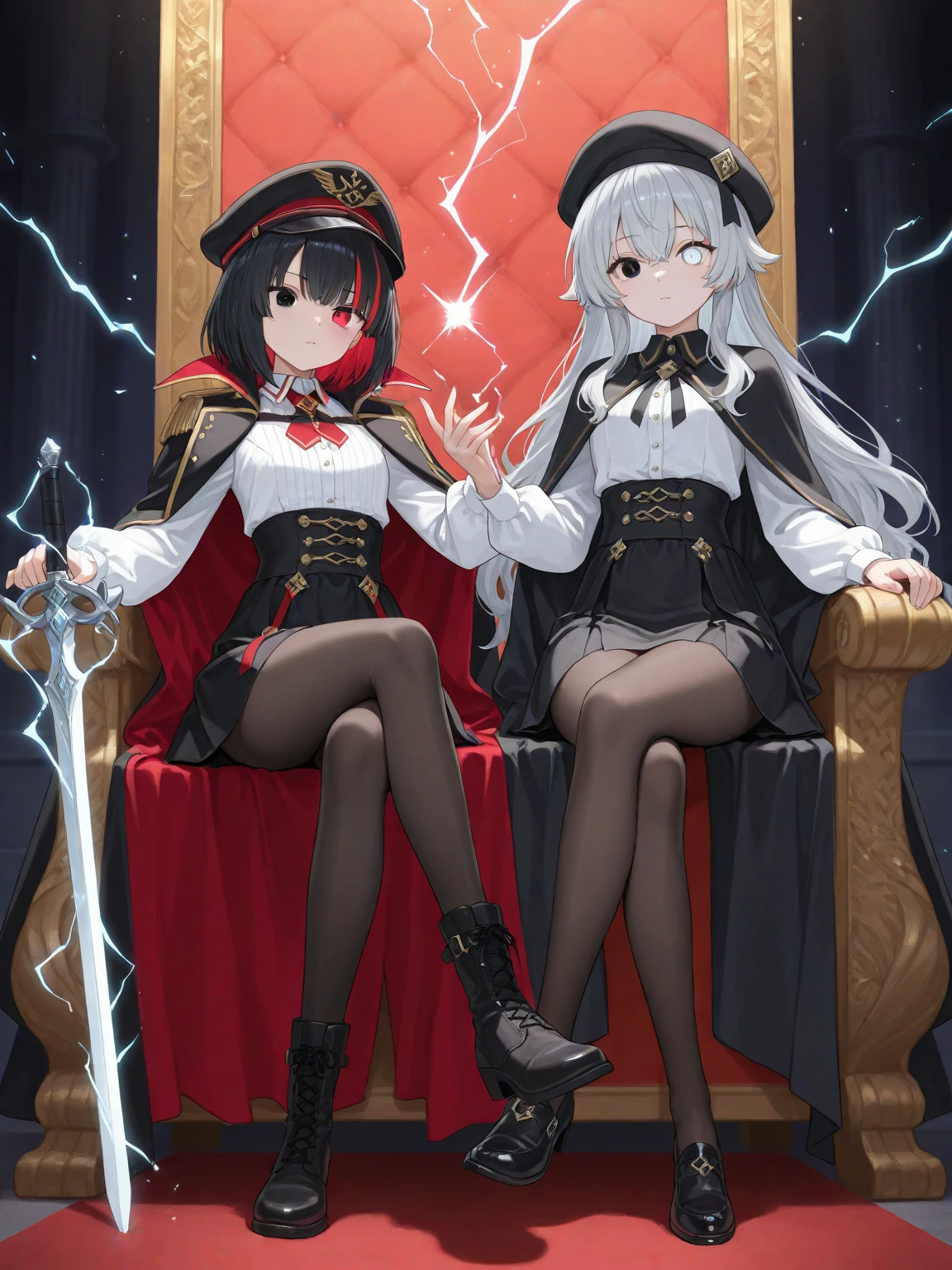 masterpiece, best quality, absurdres, YamashiroRen, blunt bangs, hair ornament, tight and torn military uniform, epaulettes, white gloves, red cape, black pantyhose, sitting, throne, crossed legs, reading glasses, large thighs, large breasts, 