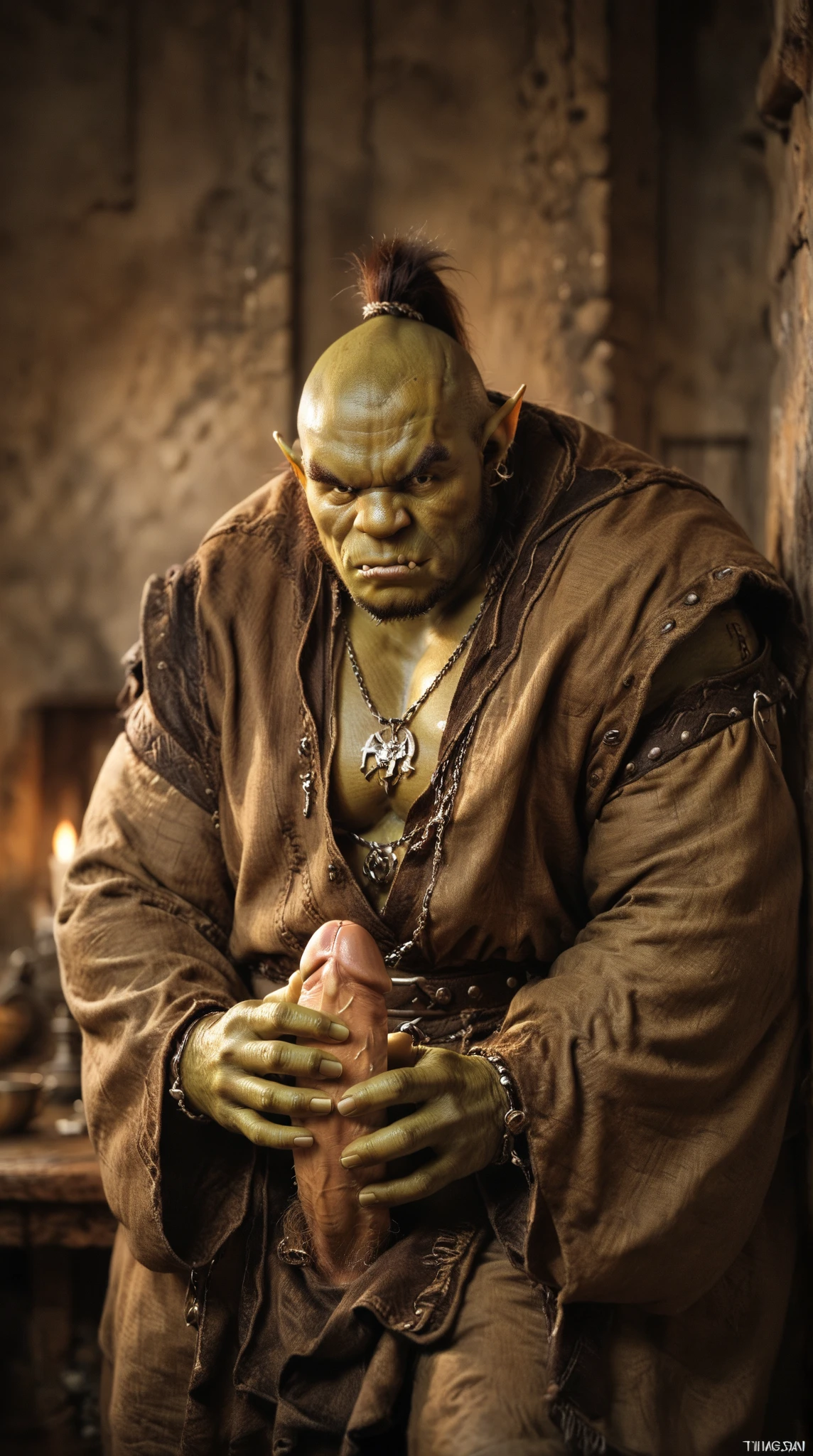 goblin,powerfull, prominent belly, bulged belly, swollen belly, muscular, tall, pointed ears, sitting