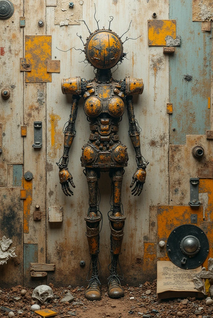 statue de femme, a la surface de carton ondulé, usé, avec, d'inspiration cubiste, style robot anthropomorphe féminin, carton texturé, scotch, déchirures, Plus, angulaire ; sculpture abimée, un liquide sale noir et poisseux coule depuis plusieurs endroits ainsi que le long du corps de la sculpture et sur son visage en le recouvrant partiellement. il y a d'autres sculptures de corps en arrière plan, des mannequins de magasin, dans un grand entrepôt lugubre, une usine cauchemardesque. nombreuses fuites de liquide noir coulant depuis des canalisations anarchiques au plafond, l'usine est traversée par de nombreux câbles et fils électriques disparates qui pendent de toutes parts, emmêlés et mal accrochés partout, tombant du plafond des câbles passent aussi au premier plan devant le robot femme et le liquide noir coule également sur les câbles les murs et les colonnes de béton comme une bave opaque et visqueuse dans cet endroit sale et chaotique jonché de membres robotiques féminins disloqués de partout, il y a beaucoup de saleté flottant dans l'air et sur toutes les surfaces du lieu, tout est poisseux, humide, sombre, cheveux noirs, Cheveux humide, regard vide, Lèvres entrouvertes, lèvres rouges, pieds hors cadre, 35mm, 135mm, canon, premier plan flou, perspective atmosphérique, détail élevé, Architecture d'intérieur, expressionnisme, le réalisme, Futurisme ubiste, cineavecic lighting, grain de film, 8K, chef-d'œuvre, haute résolution, meilleure qualité, Super détail