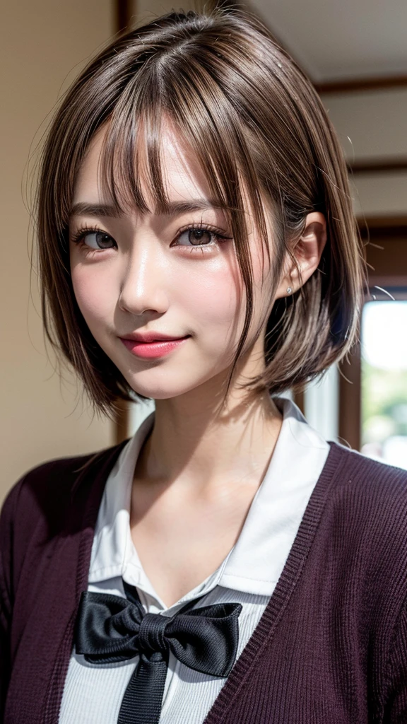 cute 21 year old japanese、School、University、During class、super detailed face、Attention to detail、double eyelid、Beautiful thin nose、sharp focus:1.2、Beauty:1.4、(light brown hair、short hair、),pure white skin、highest quality、masterpiece、ultra high resolution、(Photoreal:1.4)、Highly detailed and professional lighting、nice smile、It shows you the whole body、Colorful sweater、