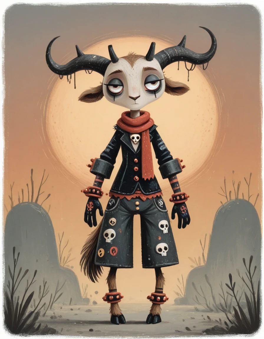 Solo, Furry, satyr monster girl with pale pink skin, brown fur, black hooves and horns, wearing multi-belted pants and gloves, a red scarf arm bands and ankle bands, and a black jacket with a skull button, red jagged tattoo under eyes and on arms and torso , sunset