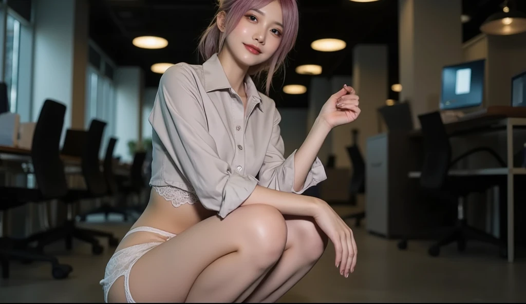 1girl, japanese girl, very slim, medium breasts, office lady, wearing tiny white camisole, skin tight camisole, covered nipples, miniskirt, light purple hair, very short skirt, light blue panties, covered vagina, vagina shape, legs apart, camel toe, office setting, RAW Photos, Photorealistic, High Definition, looking at viewer, shy smile, open mouth smile, glossy skin, soft lighting, emphasizing cleavage, camel toe, wet body, wet crotch, dripping wet, office setting,