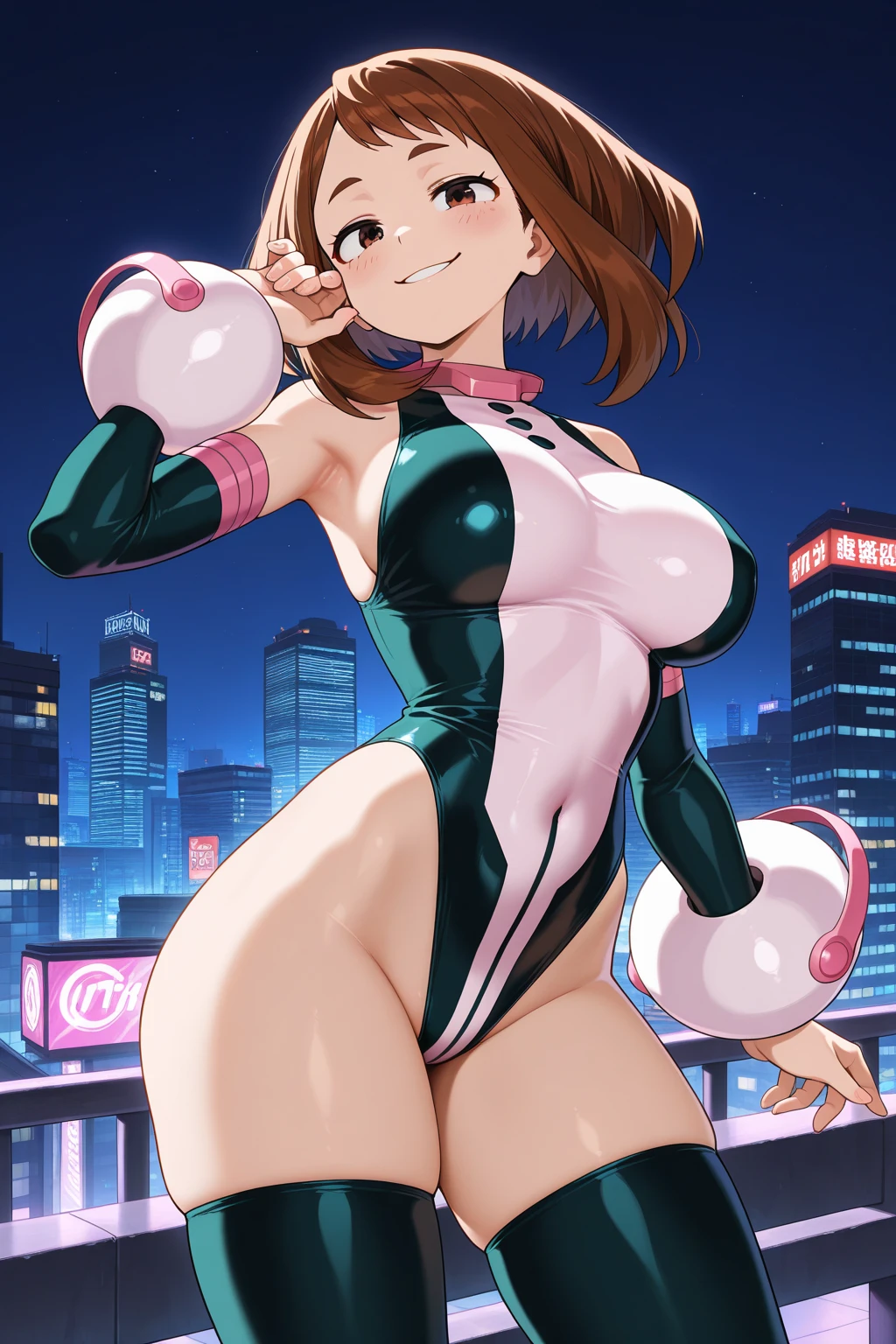 masterpiece, best quality, very aesthetic, absurdres, 1girl, mature_lady,pink_bodysuit,red_bodysuit,covered_nipple,,yuuki_mikan( to_love-ru), to_love-ru, 1girl, orange_eyes,long_hair, brown_hair, hair_ornament,,cityscape, leaf, moon, night, night_sky, outdoors, sky, skyscraper,,floating_hair,from behind