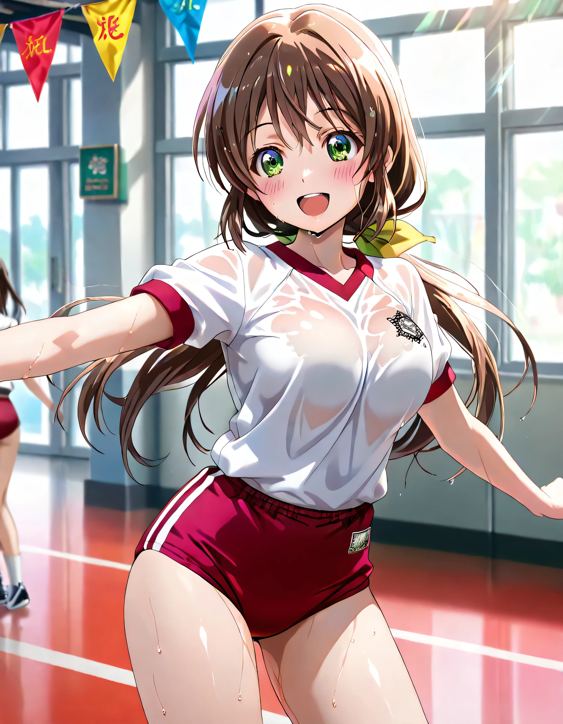 ((best quality)), ((Masterpiece)), (details), perfect face, realistically, hair ornament, outdoor, track field, daytime, lightray, glitter hair, brown eyes, glowing eyes, white short skirt, micro skirt, ((pussy reveal)), Blush, daytime, Wet, (see through), sleeveless shirt, armpit, 14 years old, ((big smile)), (((microskirt))), mikan, masterpiece, highest quality, Highest resolution, highest detailed face, perfect hands, perfect anatomy, lift her hands, ((spread armpit)), arm raised, (((cheerleader dress))), (full body view), slightly spread legs, red sport shoes, tying hair, small breast, straight view, navel,