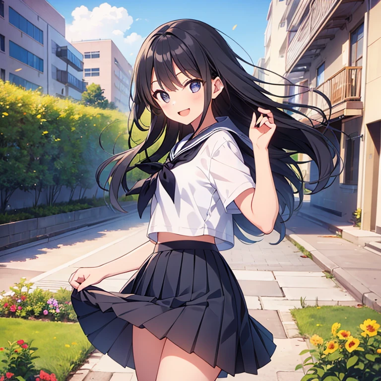 standing, 1girl, sunset, sleeveless, miniskirt ,blush, embarrassed, sunset, outdoors, evening, grass, dusk, twilight, from below, smile, wavy mouth, real cunt,pov