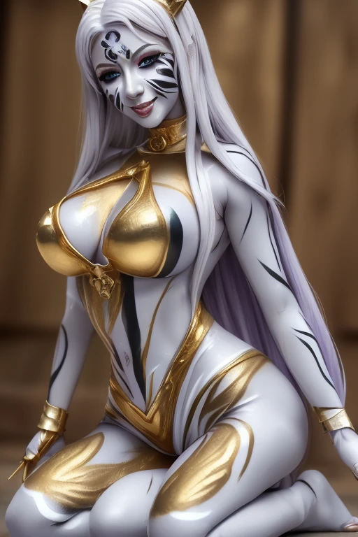 (Masterpiece, Best Quality:1.3), highres, 8k, highly detailed, 2d, illustration, outline, aged up, adult, <lora:HEX-13:1>, spritehex, (full body), standing, (spritesuit, spritecape), spritecrown, tassel earrings, (spriteheels:1.1), looking ahead, smile, (detailed eyes, detailed face), depth of field, sharp focus, indoors, scenery, white and gold theme, tile floor, grid background