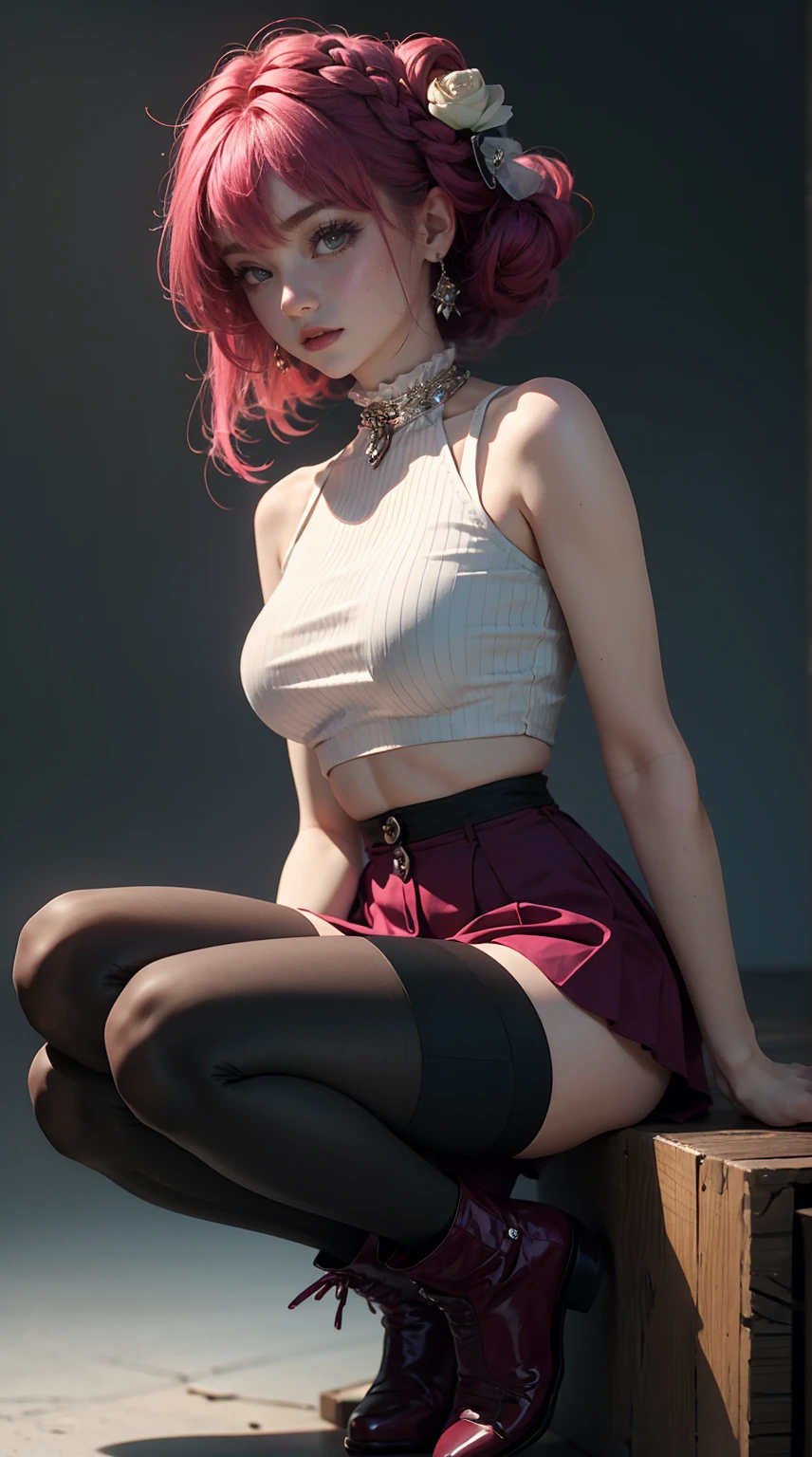 Ultra-realistic 8k CG,Masterpiece,Best Quality,(Photorealistic:1.4),absurdres,HDR,RAW photo,(Film grain:1.1),bokeh,ray traced,((Depth of field)),detailed shadows,sunshine,High resolution scan,lens flare,a 1girl,length hair,(Pink and blue hair :1.3),(high ponytail:1.2),Wavy Hair,(Gothic Lolita:1.2),upper-body,(Seduction Smile:1.1),looking to viewer,large_가슴,((NSFW:1.2)),(Chest Out:1.1),((Topless)),((sitting)),(legs crossed:1.1),winking,(mediuml breasts,:1.2),Slim waist,(black choker:1.1),(skull hairpin:1.3),(black and white striped thigh-high stockings:1.2),(black platform boots:1.1),(black and white plaid mini skirt:1.2),(black necktie:1.2),(sunset at the amusement park:1.2), ,confident expression,wind blowing through her hair,dusk,Sunlight,extra very long hair,Sundown,Panoramic view,wide-angle view,from top,extreme detail description,High resolution scan,
