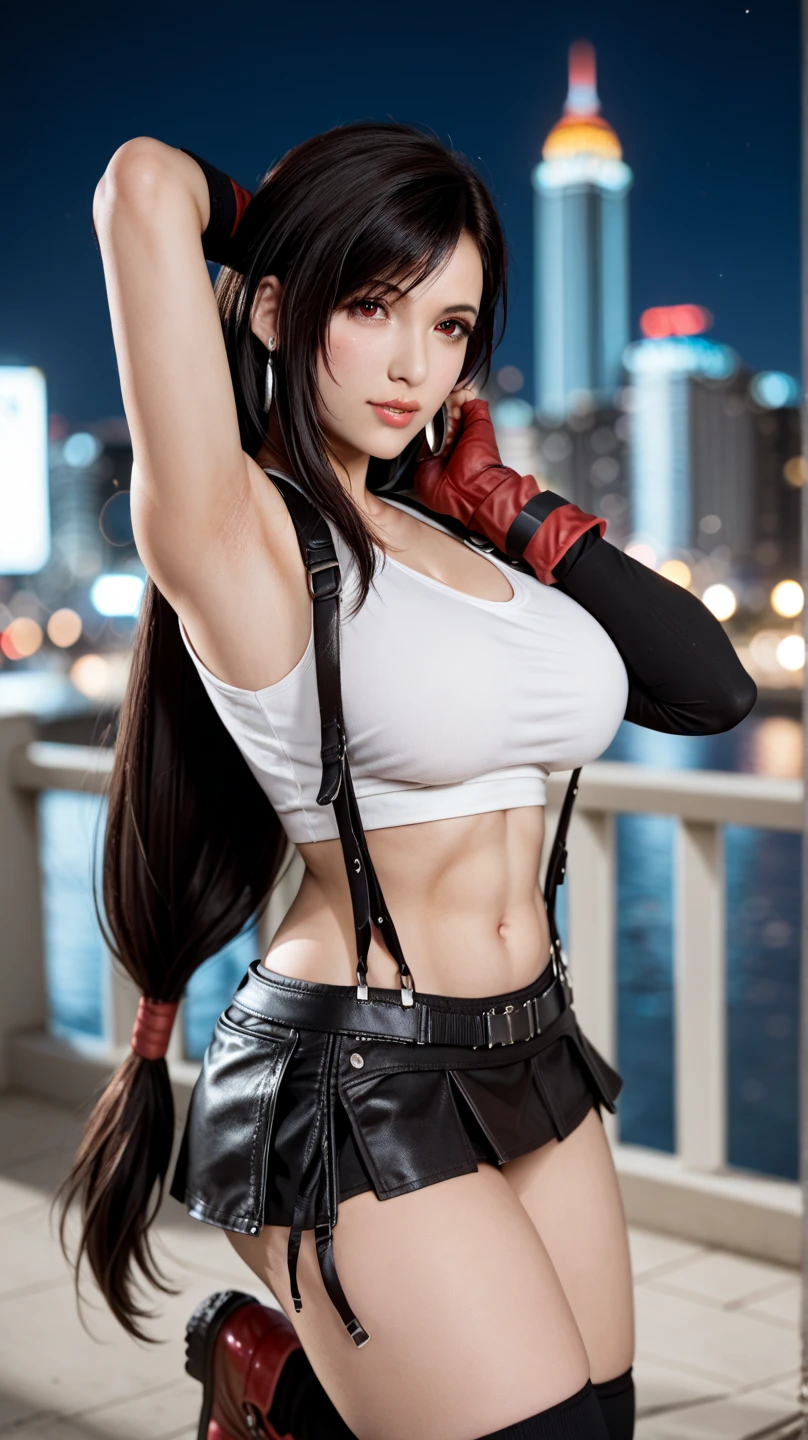(8k, best quality, masterpiece:1.2), (realistic, photo-realistic:1.37), ultra-detailed,
A detailed portrait of Tifa Lockhart from Final Fantasy VII Remake sitting at a detailed cafe in the cityscape on a date, looking cute and solo with beautiful detailed eyes and a nose blush. She wears a single elbow pad, ankle boots, a black skirt, black thigh-highs, and red boots, along with elbow gloves, elbow pads, and fingerless gloves. Her outfit includes a sports bra, suspender skirt, thigh-highs, and a white tank top. Her full body is visible with her head resting on her hand, showcasing her pretty face, low-tied long hair, and lips. The scene is illuminated with professional lighting, photon mapping, and radiosity, with Tetsuya Nomura Style and a cyber-futuristic feel. The background features yellow flowers and a bokeh effect. Tifa has a small smile and closed mouth. (Huge breasts)