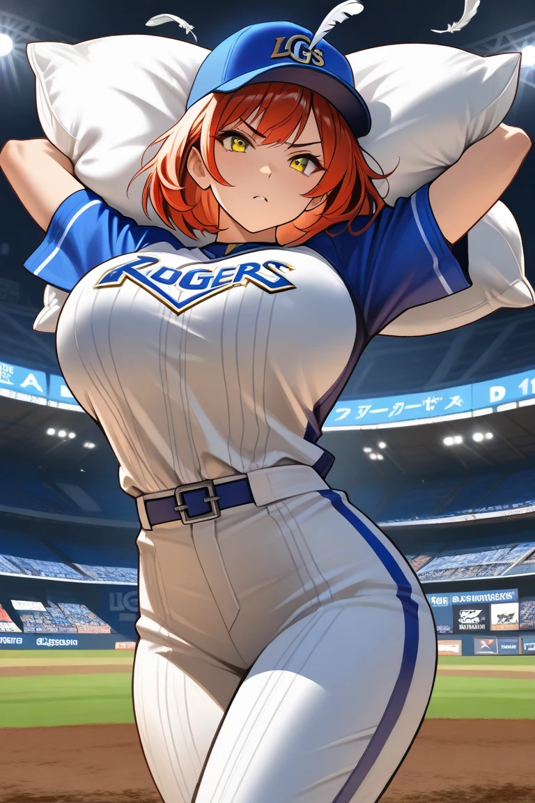 tall college woman(Long red hair; blue eyes; large breasts; pale skin; blushing); cheerleader; out in the practice field; POV; best quality; trending on artstation; complex volumetric lighting; strong shadows; artistic lighting; dynamic; energetic vibe; realistic skin; specular highlights; micro-textures; highly detailed hair;