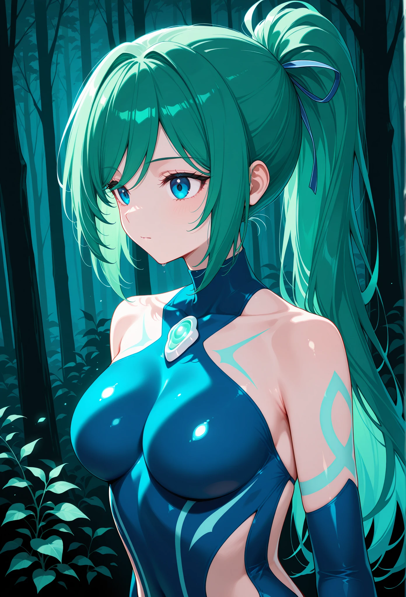 "(masterpiece:1.1), best quality,
1girl, (80s anime style:1.4), (eyelashes:1.5),
(intricate high detailed body:1.2),
aqua hair,
(blunt bangs:1.1), (long hair, french braid:1.1), (demon horns:1.2),
blue eyes,
(pale skin:1.3), (loli body:1.2), (huge breasts:1.1),
happy, smile,
(see-through lace leotard armor, underboob cutout:1.2),
(knight armor, armored boots:1.2), (suspenders:1.1), (earrings:1.1), hand cuffs,
standing, arms behind back,
(upper body, looking at viewer, from front:1.1),
(daytime, grassland, outdoors:1.1)"