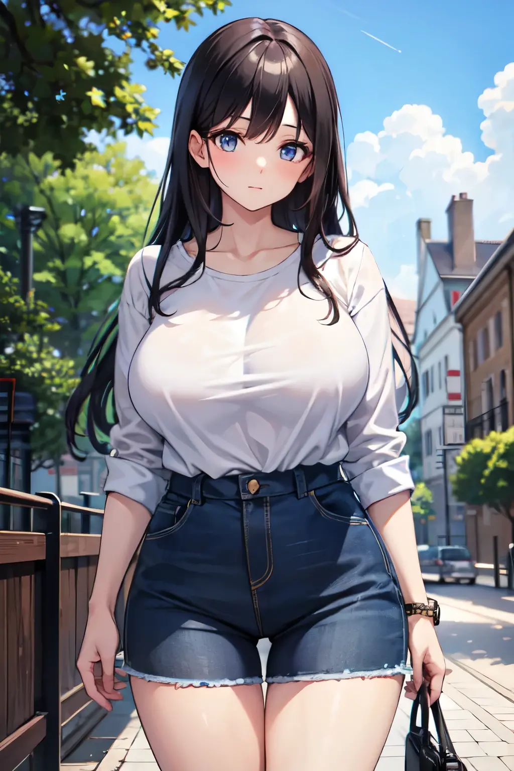 Anime Kawaii sexy Perfect Slim sensual body large breast and huge thighs, An intricate and highly detailed illustration of anime (Young girl). (8k、Superior image quality、Maximum quality、Masterpiece artwork)、A detailed face、1 girl in、A brunette、hypdertailed、clear blue eyes、piercings、sorriso nefasto、very Bigger breasts、white shirt、sleeveless、Broad Hips、light blue denim、Long pants、cowboy shot、put your hands on your hips、ass pov、city background