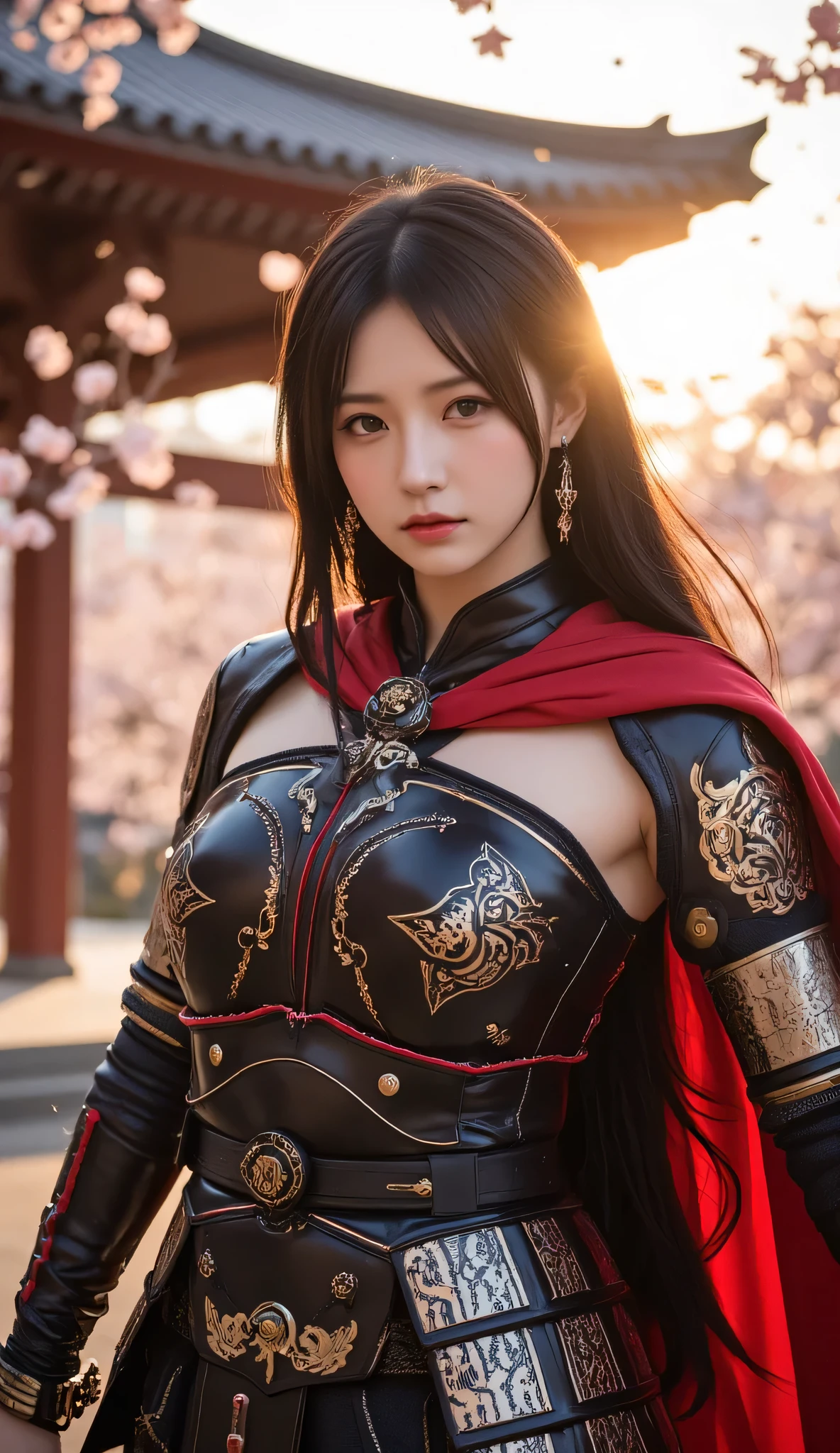 1 young woman aged 20 years, Full body, standing and walking beautifully, Long, flowing hair, Face with heavy makeup, clearly enhance beauty, Big, bouncy breasts, Looking at the camera with sexy eyes, In a dark black Chinese warrior outfit,dark red,dark blue, It has a shiny silver-gold metal.,In a flower garden, Chinese woman, Traditional Chinese armor warrior clothing Taken with a high quality camera 45,000,000,000 pixels 16k,,