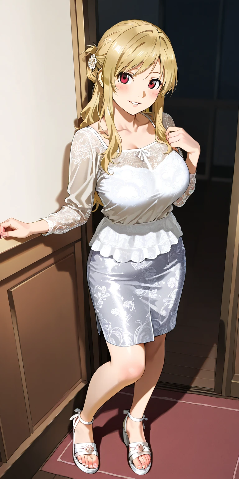 An extremely beautiful stunning voluptuous woman, with gold blonde long silky hair, big blue oceanic eyes, extremely super bright snow white fair stunning flawless glowing lush shiny white complexion and flawless skin, a perfect tight hourglass figure, and skinny thin waist, sexy thick smooth luscious legs and thighs, wearing a short sexy tight revealing pink floral full-sleeve dress along with a white sash around the waist, a yellow off-shoulder sweater, yellow heels, gold necklace on the neck, gold anklets on feet, gold chain on the waist, standing straight, extremely cute smile on the face, bright pink blushes on cheeks, hallway in background, show full body from head to feet.