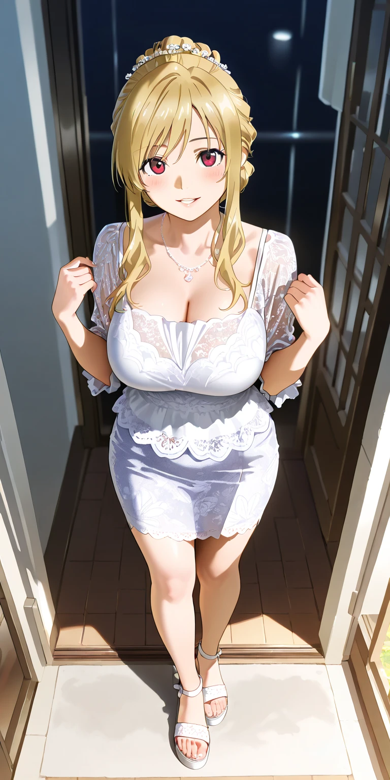 Lumine | genshin impact, master-piece, bestquality, 1girls,25 years old, proportional body, proportional., Wedding Dresses, White Wedding Dress, wedding, gigantic breasts, ,bara, choker, arm behind back, against wall, View viewers from the front., Thigh strap, Head tilt, bored, 10, 10, HD, slight smile,