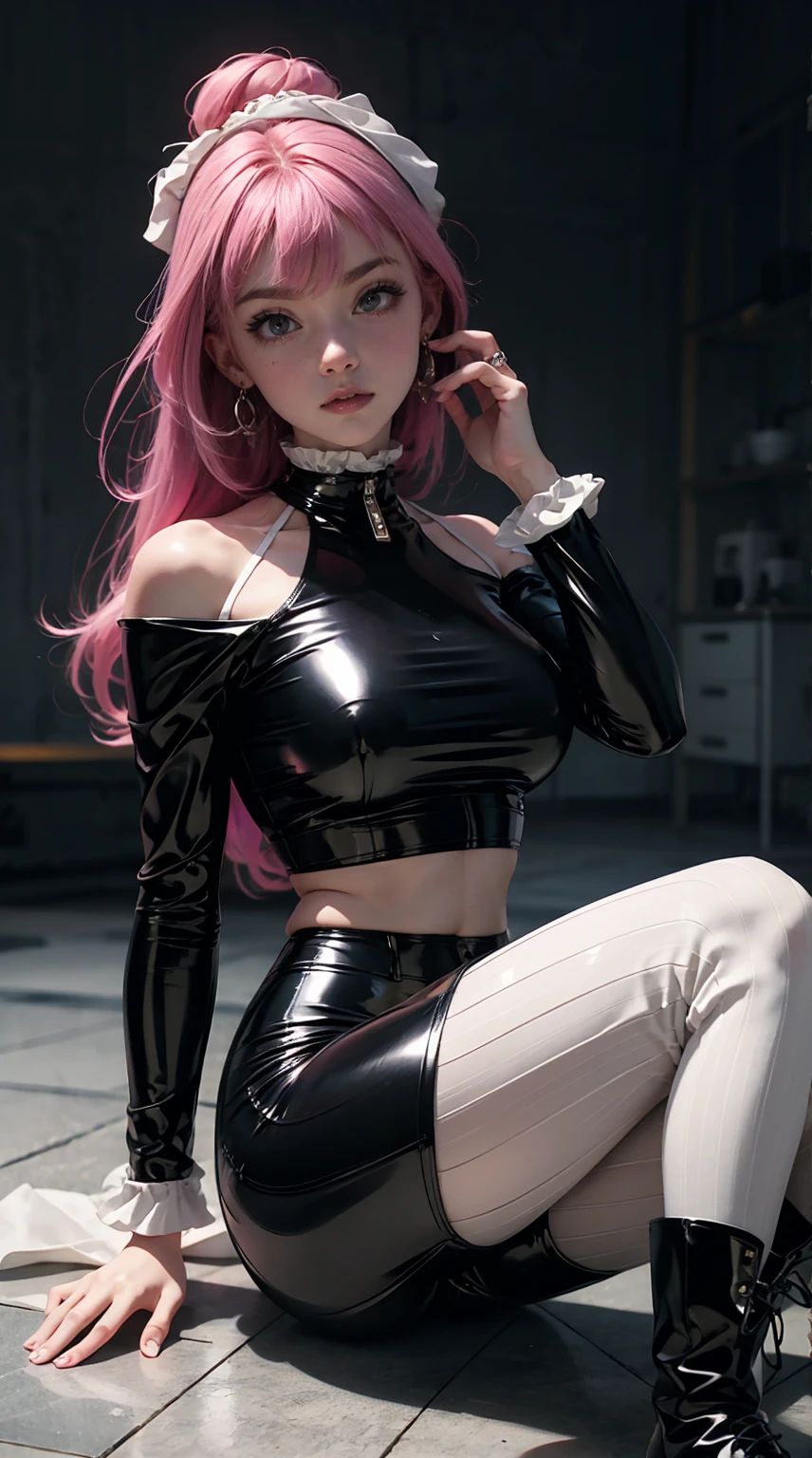 Zero Two Darling en el Franxx, 1 girl, Underboob, Small black semi-transparent lid, pechos grandes, rosa erigido , mordeduras en el labio inferior, Pose de conejito, pose sexy, Vista desde abajo, (((Black latex miniskirt ))) , media, cuerpo perfecto, La vemos delgada y apretada, Wet, cabello rosado, she's on a street Daylight Cyberpunk City, 8k, piel real, realystic, HDR, Ultra Resolution, fugas de luz