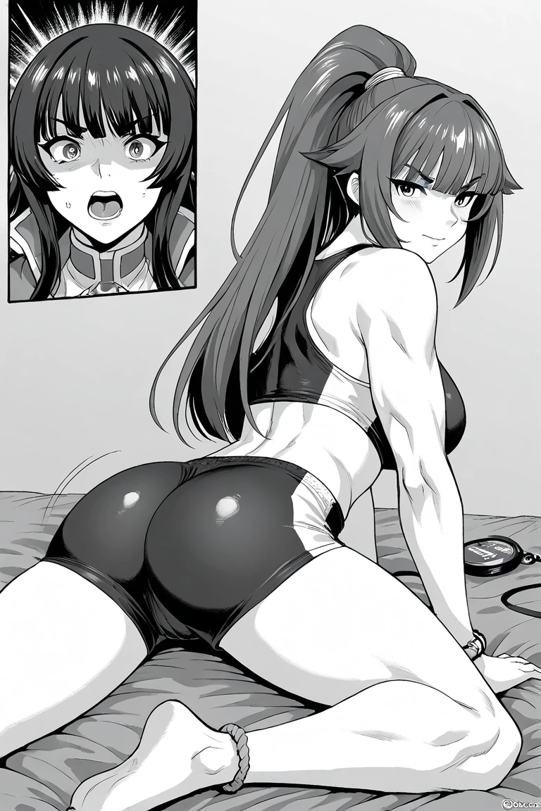 girl's legs spread in V position, futanari holding girl's legs up, spreading legs while penetrating girl from behind/beneath, large breasts, huge penis,