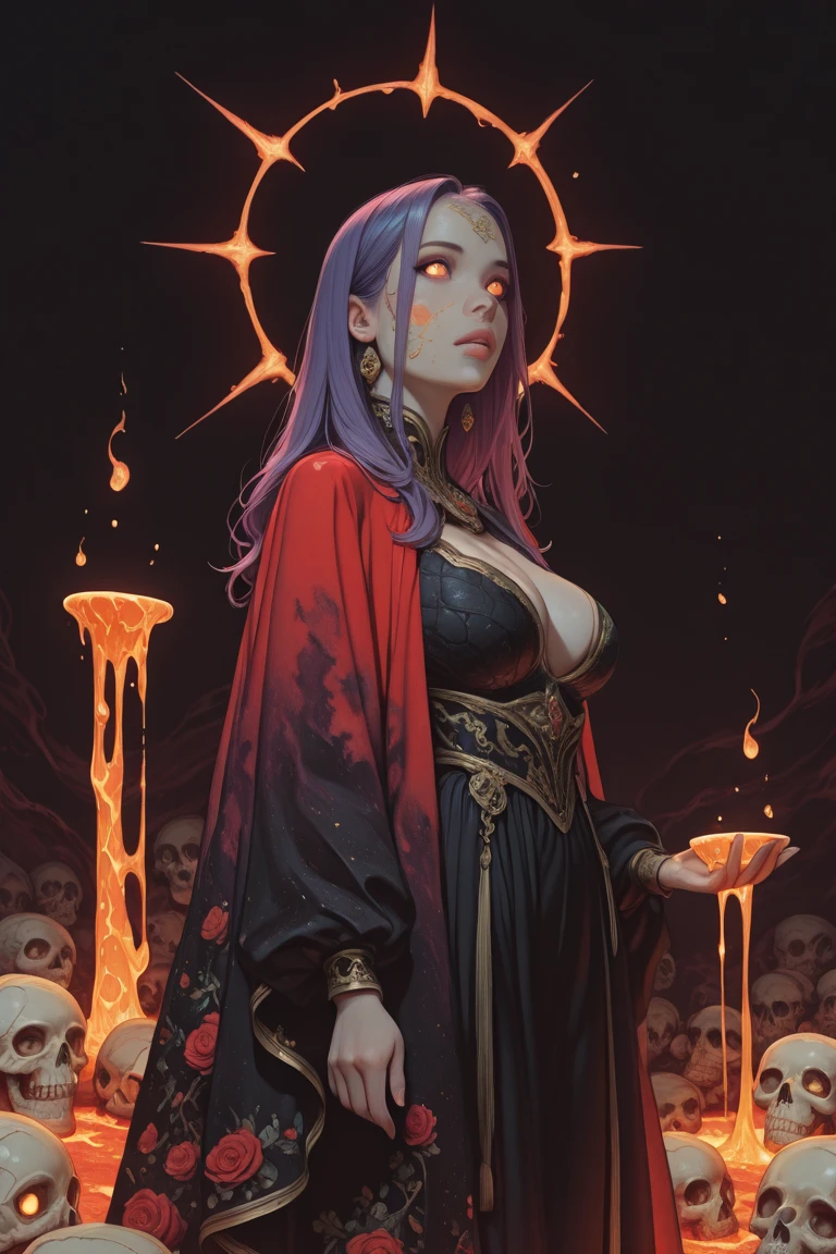 Woman body set large breasts(best quality, highres, ice skull:1.1), A girl with a body made of lava, featuring a Dracula Orchid pattern. (best quality, ultra-detailed), (realistic), vibrant colors, intense lighting, lava-like texture, hauntingly beautiful composition, surreal atmosphere, contrasting dark shadows, mesmerizing glow, detailed facial features, flowing lava tendrils, fiery eyes, ethereal presence, intricate floral patterns, mysterious aura."