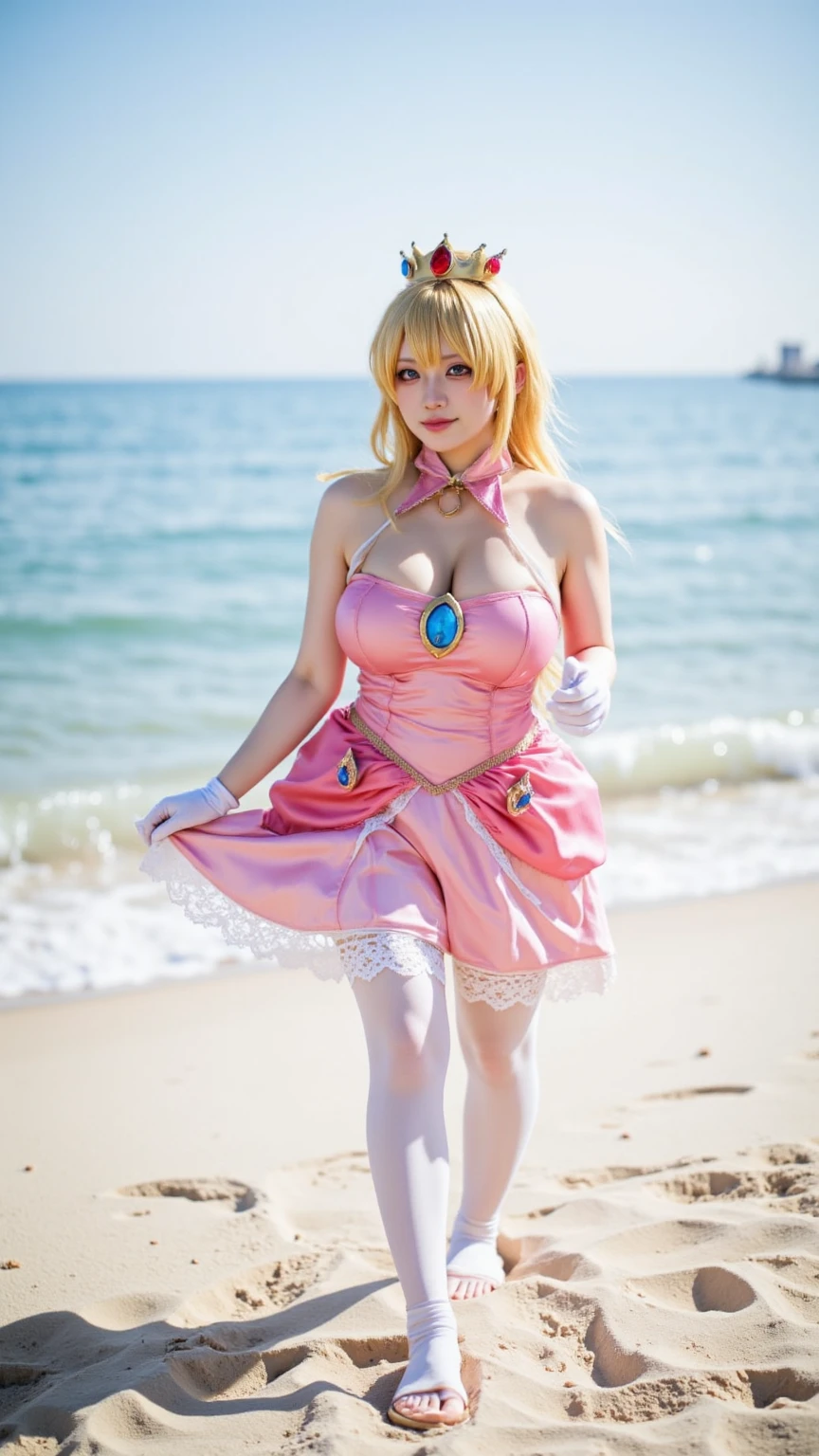 white princess peach cosplay, white princess peach with white bikini, with white hair, red eyes, tall and voluptuous, her crown with a pink diamond. little ghosts in the background, in the night church, photo