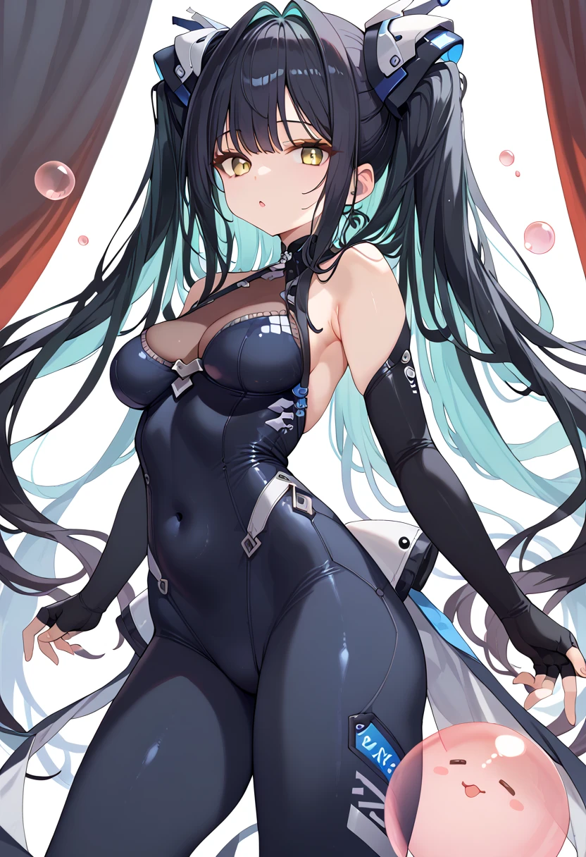 Black silk bunny girl performs a chopping with a Japanese katana in her hand