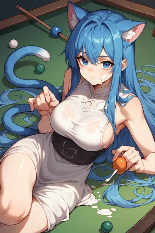 One Girl,long hair,Dwarf,Half naked,Having a meal,Drinking thick white liquid,Sprinkle on face,Blue Hair,The left leg is worn with white silk,Black silk on the right leg,Cat tail,Cat ear,blue eyes,Billiard cues,