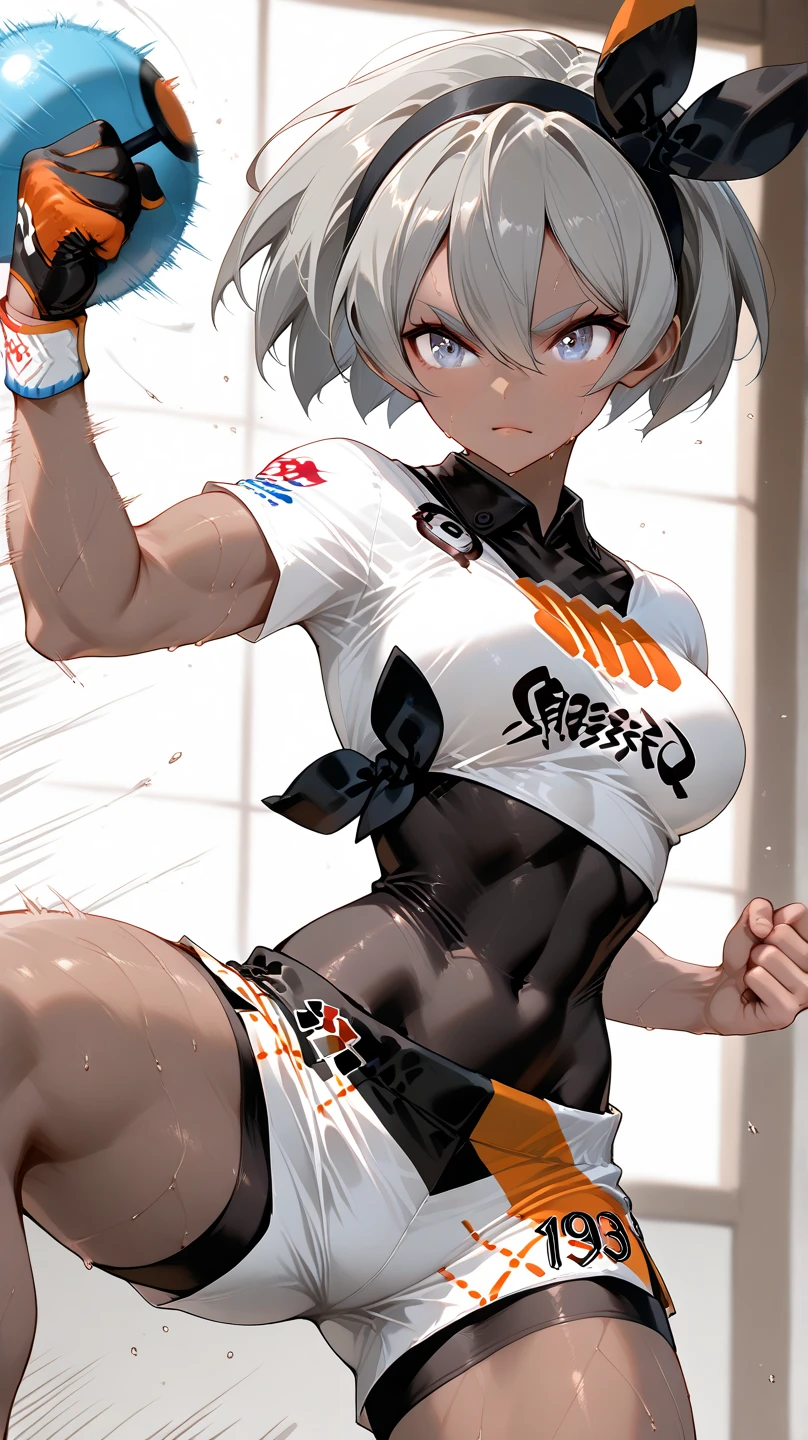 (masterpiece,best quality, detailed), 1girl, solo, indoors, dojo, tatami, from above, fighting stance, clenched hands, looking at viewer, closed mouth, legs apart, fisheye lens, depth of field, feet out of frame, bea \(pokemon\), bow hairband, tied shirt, print shirt, black bodysuit, bodysuit under clothes, single glove, print shorts, knee pads, she confidently flexes her muscles, radiating power and determination. Her physique truly remarkable, featuring bulging muscles that ripple with power. Her arms are adorned with immense biceps and sculpted triceps, each muscle fiber defined and purposeful. Her chiseled six-pack abs proudly showcase her dedication to physical fitness,