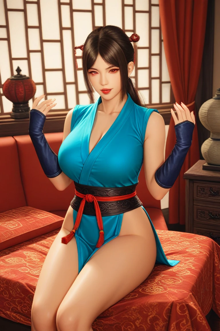 3DMM, ((Masterpiece, best quality, photography, detailed skin, realistic, photo-realistic, Sexy MILF, bun updo, blue silk bra, plain padded bra, huge breast, satin robe, wet pussy, kneeling, satin couch, side view