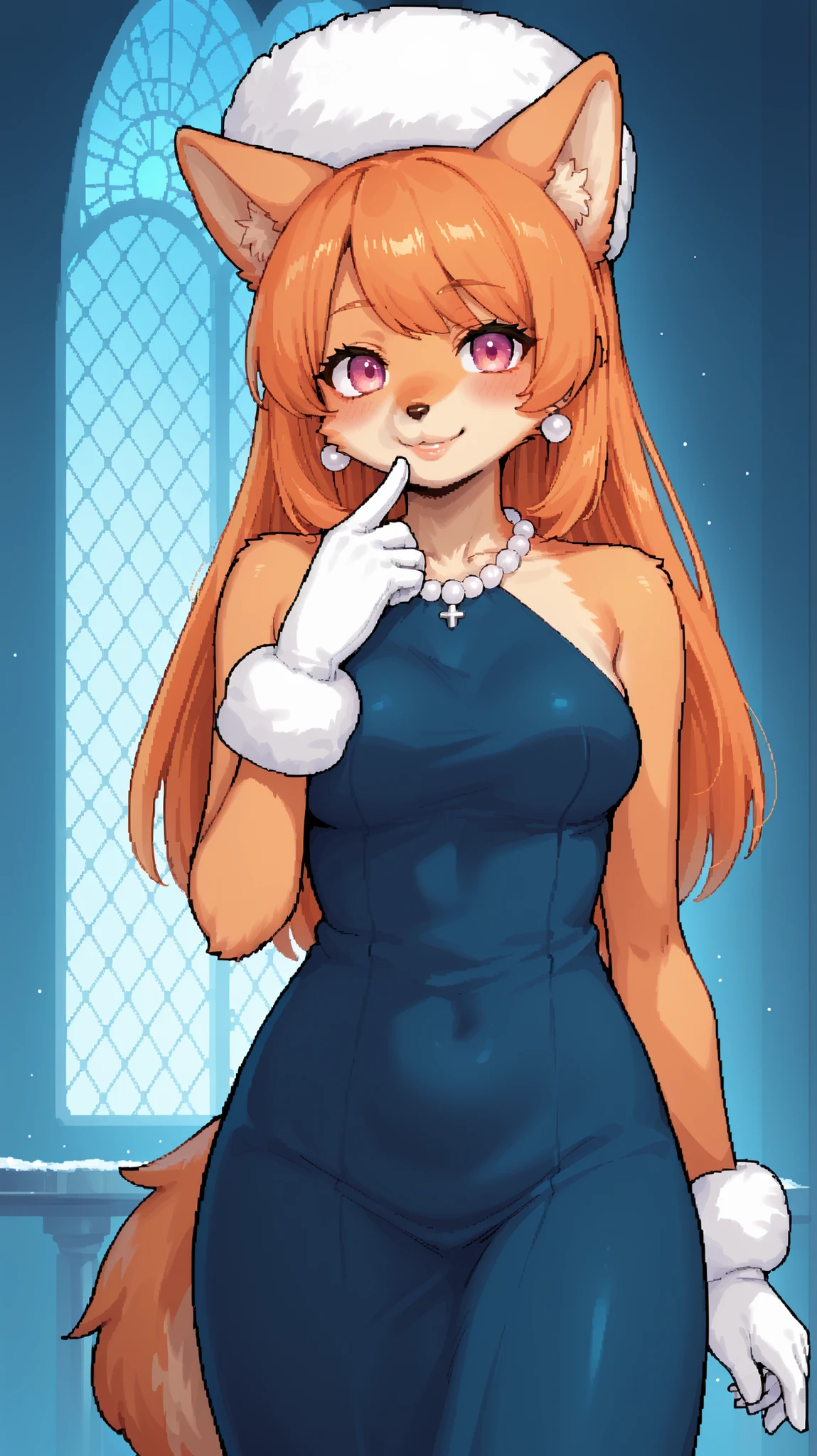 score_9, score_8_up, score_7_up, source_anime, 1girl, solo, pixel art, Suurin, suurin \(ksyaro\), suurin 2, furry dog girl, edgwdc BREAK
Dog ears and tail, (furry, kemono), orange hair BREAK bangs, pink eyes BREAK long hair, (orange fur skin, body fur), medium breasts, yellow belly BREAK
edgwdc, winter clothes, gloves, hat, dress, bare shoulders, jewelry, earrings, white gloves, necklace, lips, fur hat, pearl necklace, wearing edgwdc, white gloves with fur around it BREAK
Looking at viewer, flappy ears, hands to mouth, smile, blush, closed mouth, holding_sword, indoors , (ice palace) , ((blue walls)) , (diamond-shaped windows)