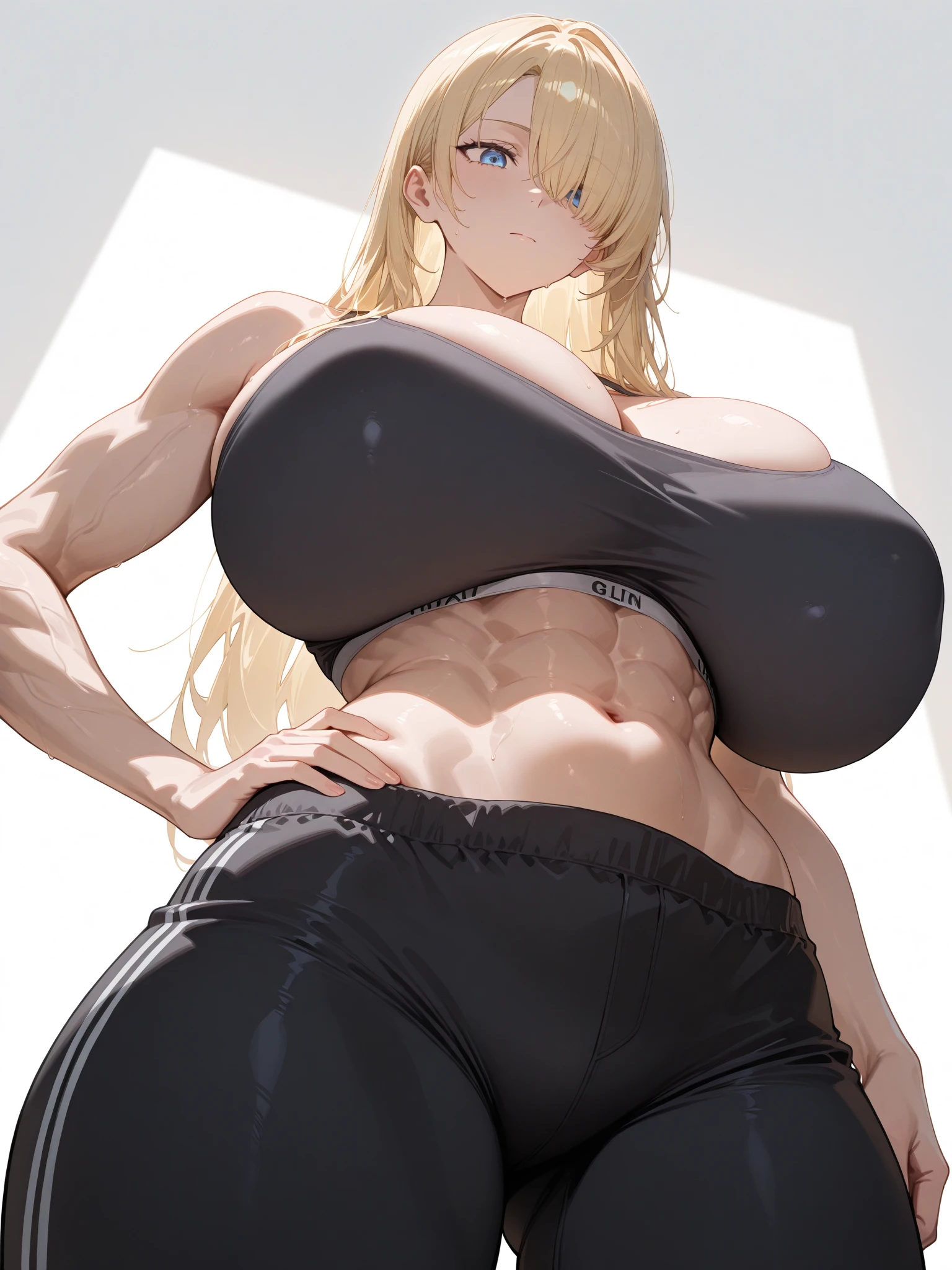 sensual, long blonde hair, thick thighs, 8K, 4K, highest quality, High resolution:1.2), cute anime face, noise reduction, shining blue eyes, gentle smile, Gentle eyes、(((naked)))、toned abdominal muscles, muscular arms, muscular legs,  young face, anime eyes, (((big breasts、Breasts that are about to burst)))、(((model pose、T-back that digs into your butt、Rear view)))、(((Upper body)))