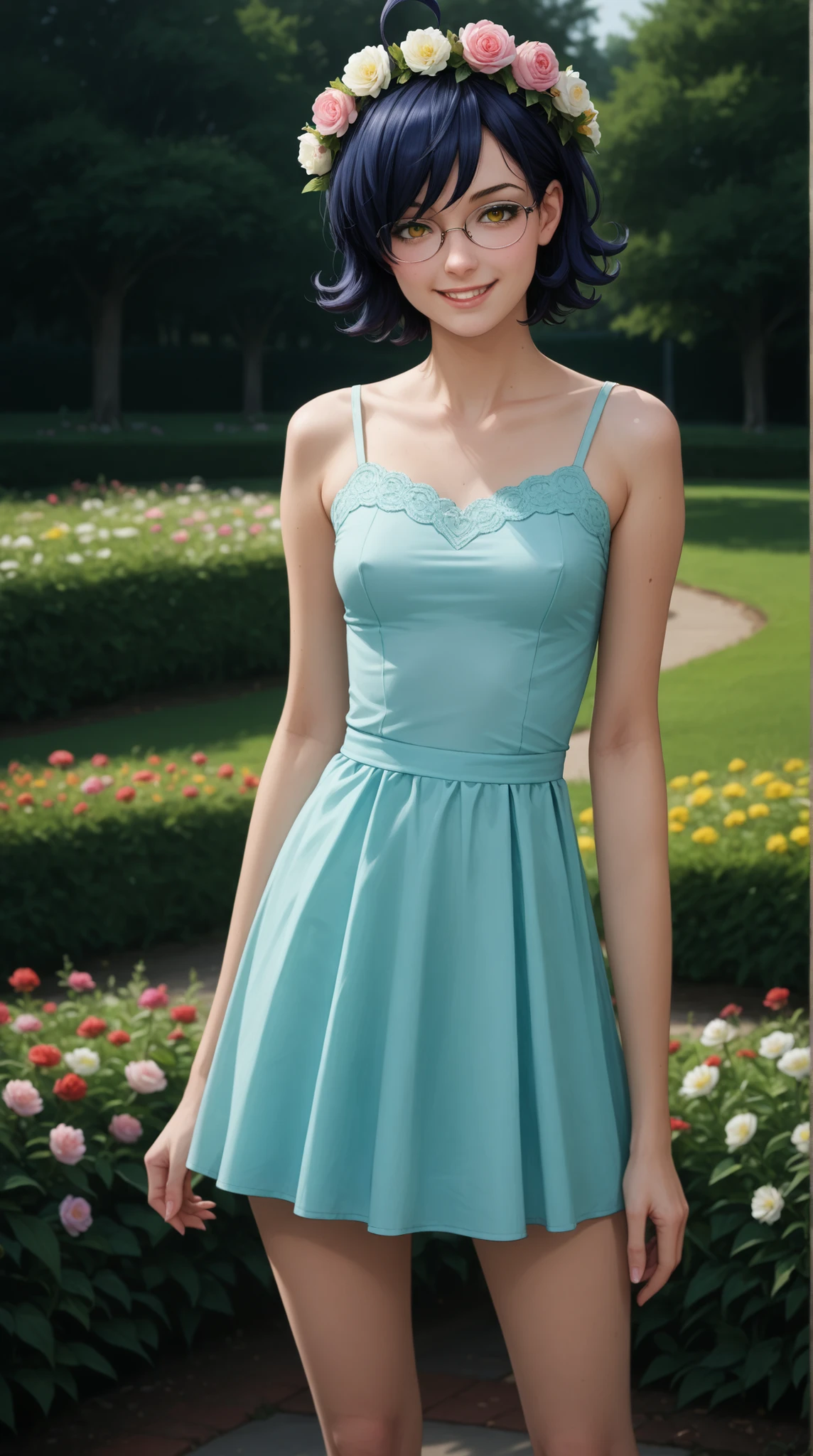 score_9, score_8_up, score_7_up, score_6_up, 16k, high detailed picture, realistic style, masterpiece, very young girl, no panty, perfect absolutely small breasts, disheveled hair, full body shot, catlike smile, snub nose, a long strand of bangs hangs between her right eye, hair over one eye, ariawm, mz, ahoge, short hair, blue hair, yellow eyes, glasses, very short tight puffy dress, chamomile field, a girl dance in the center, a wreath of flowers on her head, fairykei, pastel colours, grey1024