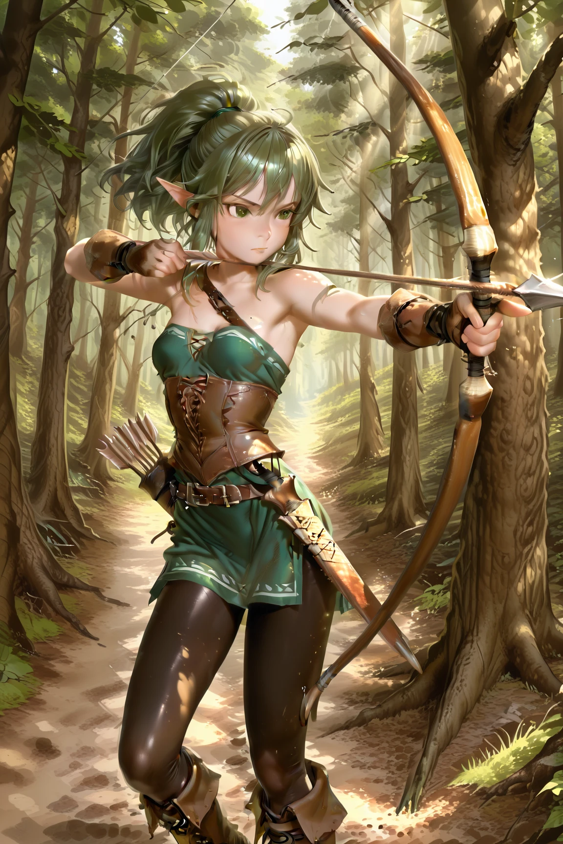fantasy, 1forest_elemental_girl, fighting, (using_leaves_clothes, green_leaves_covered_breasts, leaves_covered_pussy)+++,medium_breasts,dynamic_pose_standing, light_smile, sleepy, medium_hair, navel,(dark_skin)+, oil, (winding_vine_around_torso)++, plump,forest, trees_background, leaves_headgear, green_leaves_cape, hold_large_long_staff, thighhighs,
