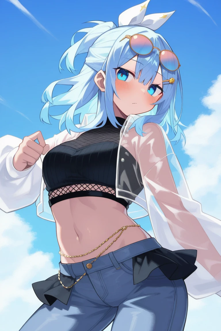 [by tsubonari:   by oda non:0.5]
1girl, oversized see-through tshirt , clothes lift,  yoga shorts, gradient hair