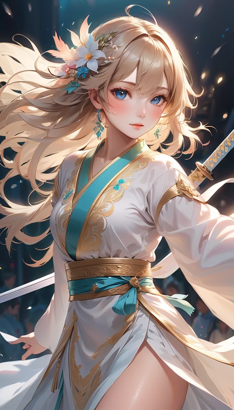 highly detailed artwork, Tall character, Drawing style with alcohol ink, Stand out with gold highlights... The subject is a Chinese female warrior with long-standing skills., flowing pastel green hair, looking at camera, Bright skin, and wore a beautiful pastel green hanfu... She held a golden long sword in her hand.., Gracefully falling from the sky with clothes and hair blowing in the wind.., Create a mesmerizing scene. The composition consists of the play of light and shadow.., With the Forbidden City in the background.., And the camera angle will be higher when the character descends..."