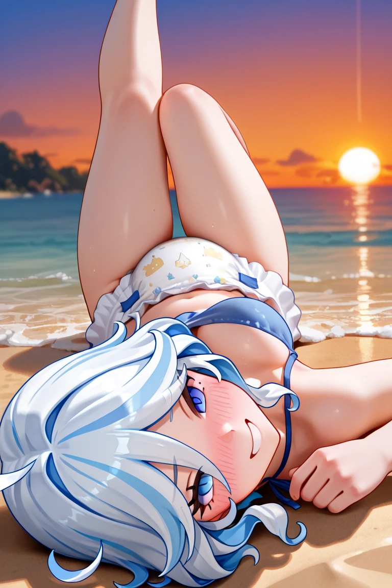 ((Kamisato Ayaka in Genshin Impact)),(Lying on the sand,legs wide open),(beautiful elegant panties),((topless, beautiful medium , pink nipples)), (sweating), wet gleaming skin,Embarrassed,orgasm,Vulgar,low angle,from below,(nsfw), ((1girl, showing beautiful ,beautiful pink nipples)), ((masterpiece:1.4, best quality)), ((masterpiece, highest resolution)), (beautiful illustration),(semi long beautiful silver blue hair), (beautiful blue eyes),beach, sand, blue sky, waves, coconut tree,
cinematic lighting, white over-kneehighs,Lace chalker, diamond necklace,wristband, fingerless gloves, white over-kneehighs, Lace chalker, wristband, fingerless gloves, earrings,