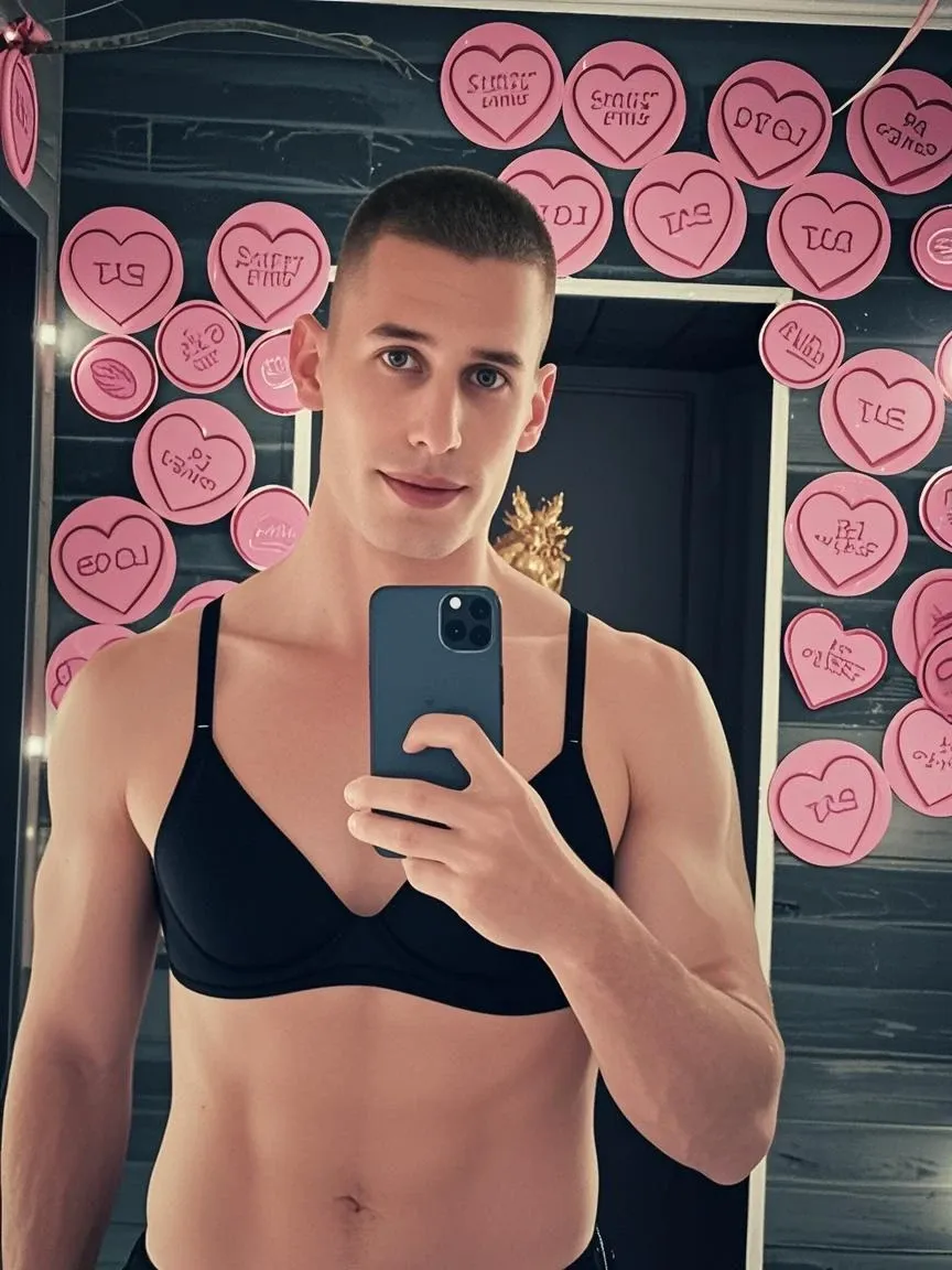 1 man in a tight transparent wet red thong highlighting his big bulge is taking a selfie in a mirror, he is holding red iPhone with his right hand, correct accurate male anatomy and fingers in correct arrangement, handsome face with detailed facial features, very short military hairstyle, mega muscles, big erect super nipples, big rounded giant pecs, deep belly button, thicc thick thighs, shiny waxy oiled muscles and skin erotic looking, he is wearing transparent white bath cloth revealing his body seethrough, taking selife into the vanity mirror with 3 lighting bulbs around the oval shaped mirror, in the hotel luxury bathroom, professional DSLR shoot with high ends retouching, sharpness, shadow, hightlight, masterpiece, depth of field, kinky look, erotic look