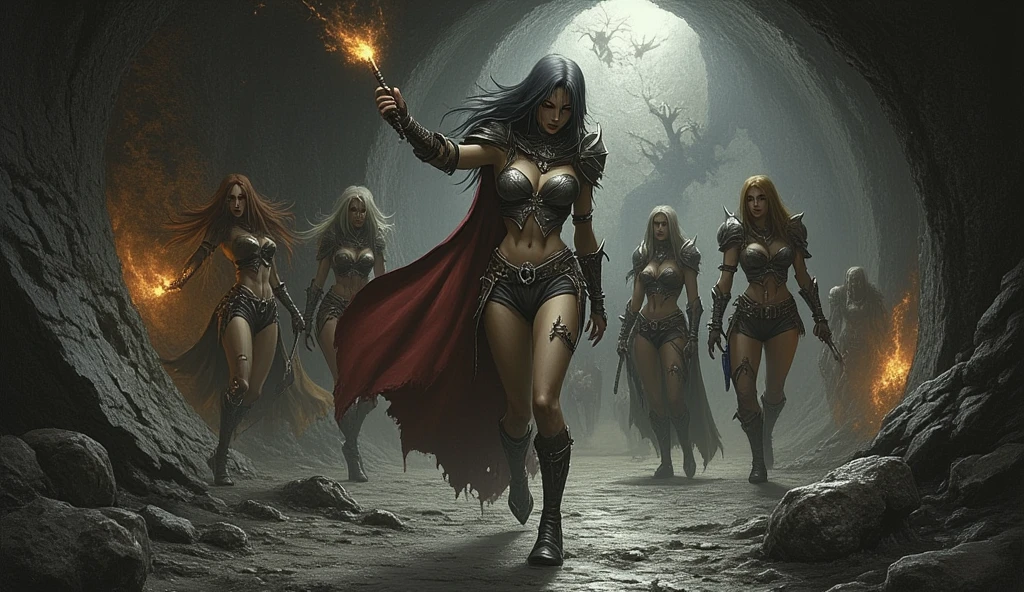 (Award-winning masterpiece:1.5), (incredible detail), (hyper realistic:1.4), (whole body:1.7), (ferocious battle between witches and brutal creature), (witches with staffs and spells), (creature towering over them), (detailed combat scene), (blood splatter), (dramatic lighting), (intricate details:1.1)