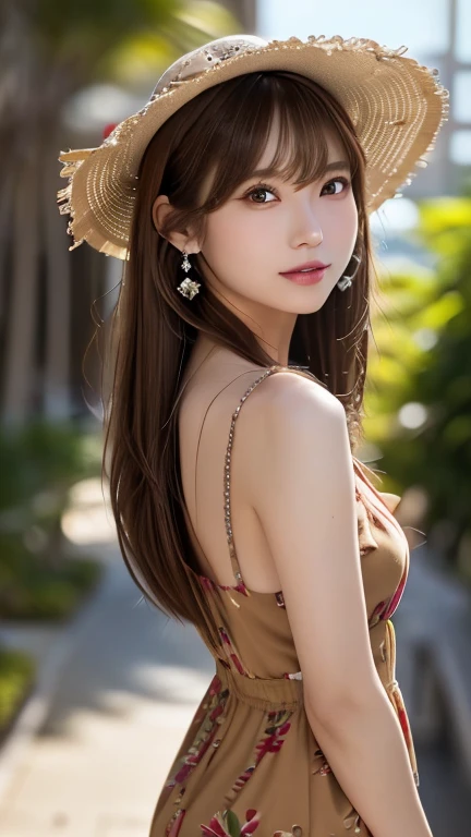 (​masterpiece:1.2、top-quality)、garments:See-through、a wide-brimmed hat、and strappy sandals、 accessory:shell necklace、 The hair:Loose wavy ponytail、 make - up:natural, Glowing skin、 BEReaction:relax、easygoing、Free-spirited、 The location:the beach、Resort、outdoor festival、Akame、Colossal tits、
