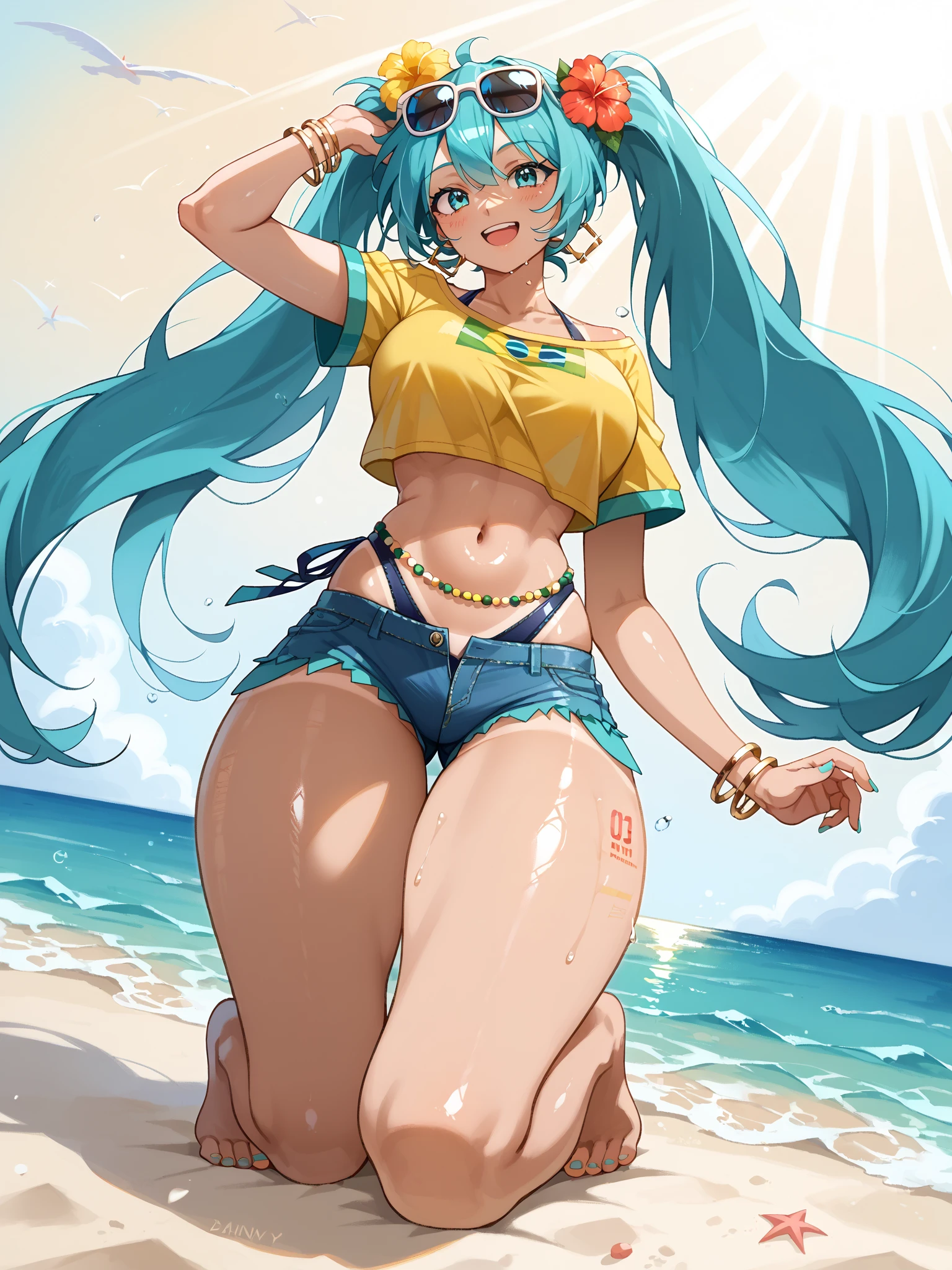 1girl, aqua eyes, aqua hair, crossed bangs, hair between eyes, long hair, messy twintails, beautiful, smile, open mouth, big breast, bare legs, bare shoulders, bare, thong under shorts, sexy, sexy pose, hand closed, big butt, shorts, brazil t-shirt, brasil t-shirt, soccer shirt, red flower hair ornament,red flower hair accesory, sunglasses in hair, earrings, jean shorts, headshades, mini shorts, yellow t-shirt beach background, ass, turned facing forward, t shirt, brazil t shirt